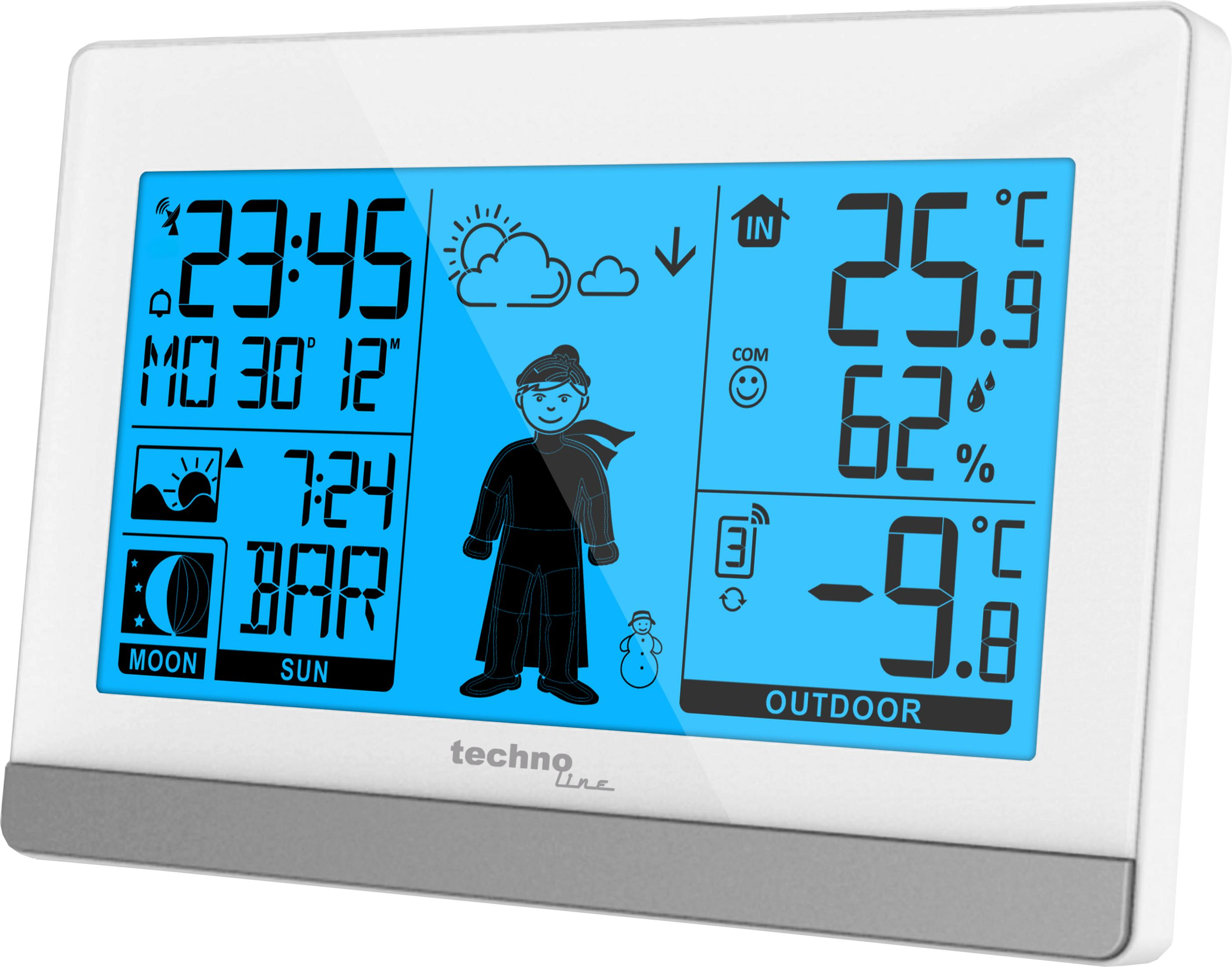 Digitale Wetterstation mit Anzeige von Zeit, Wetter und Temperatur. Weißer Rahmen.