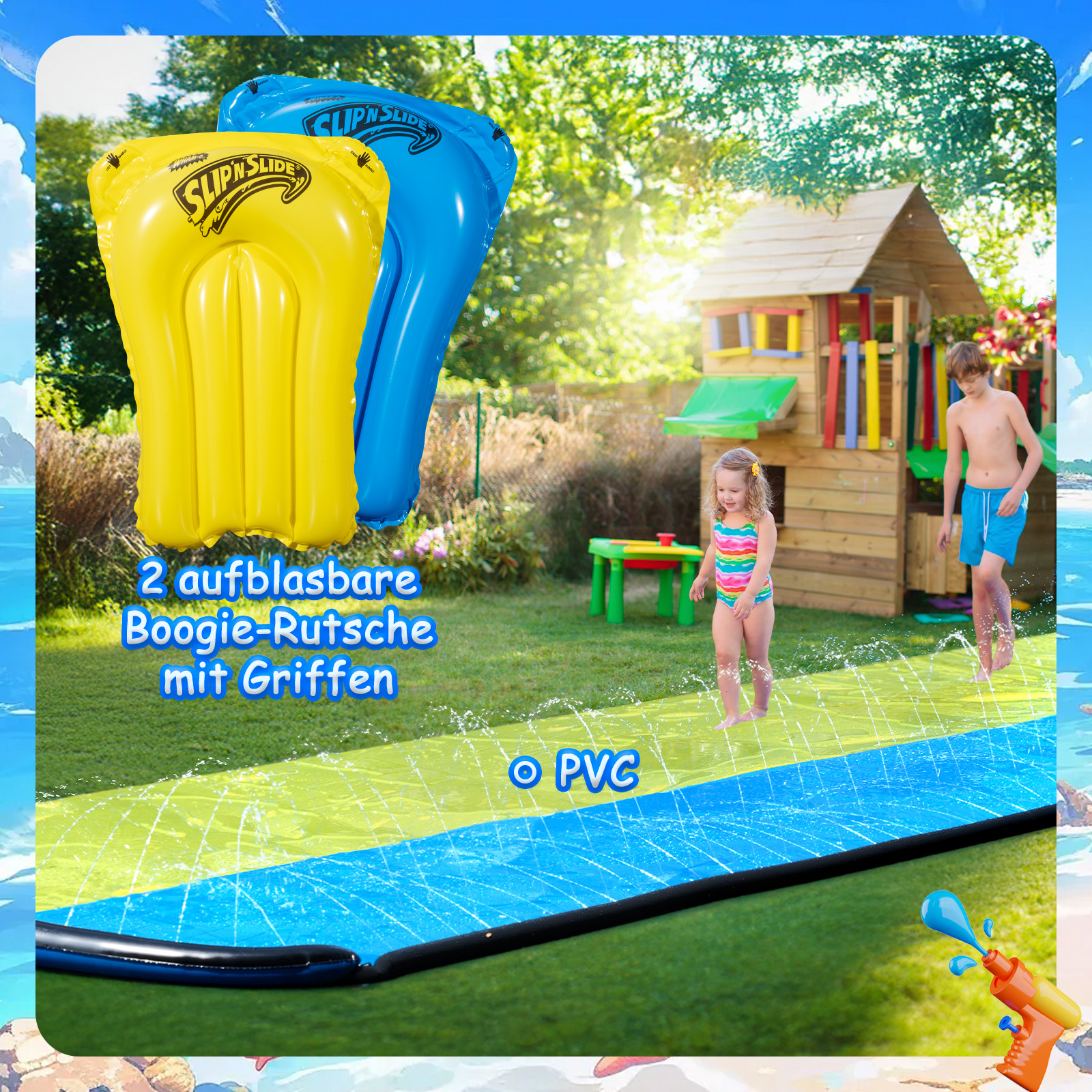 Kinder spielen auf einer Wasserrutsche. Aufblasbare Matten sind sichtbar. Text und Logo sichtbar.