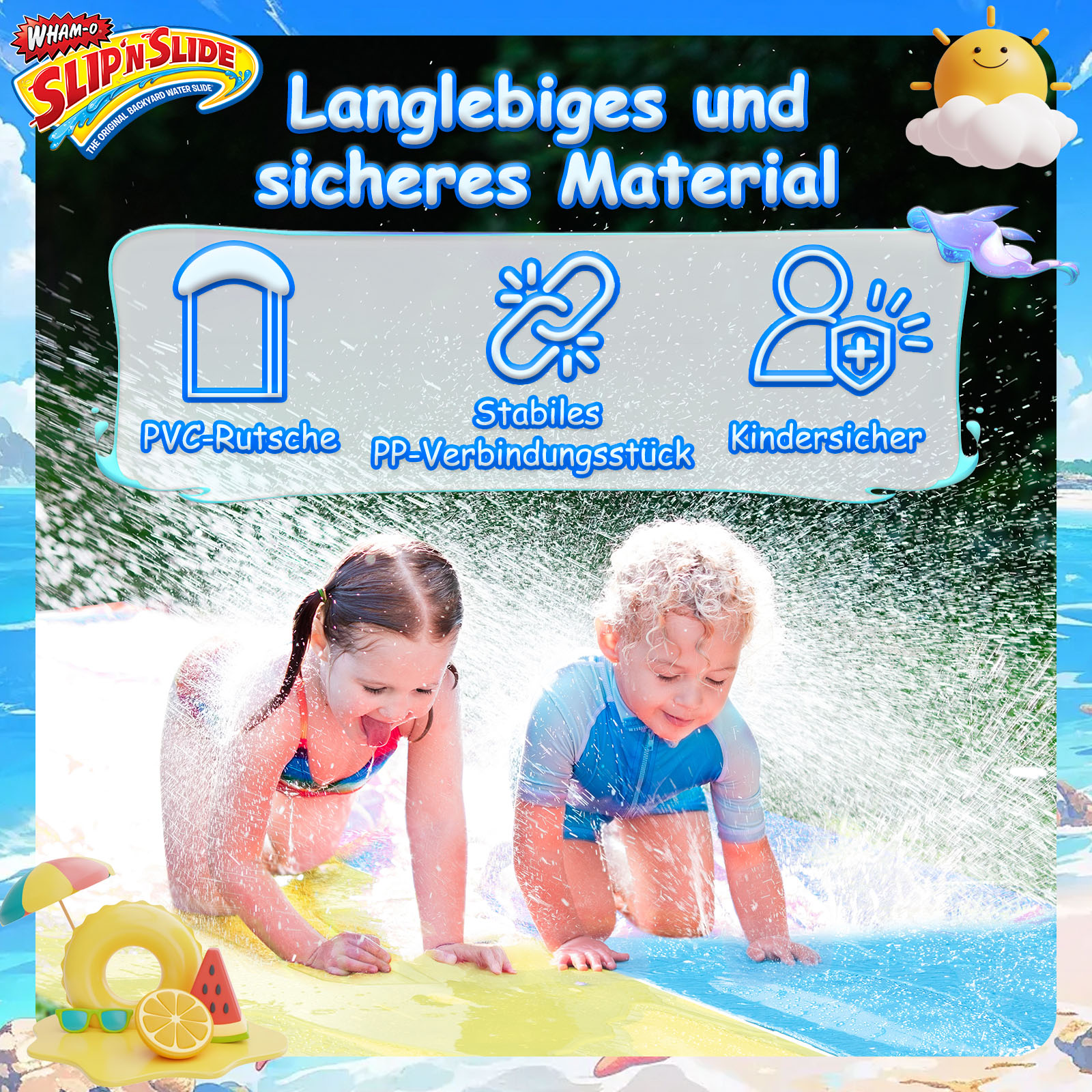 Kinder auf einer Wasserrutsche. Zwei Kinder spielen auf einer blau-gelben Wasserrutsche, sonnige Szene.