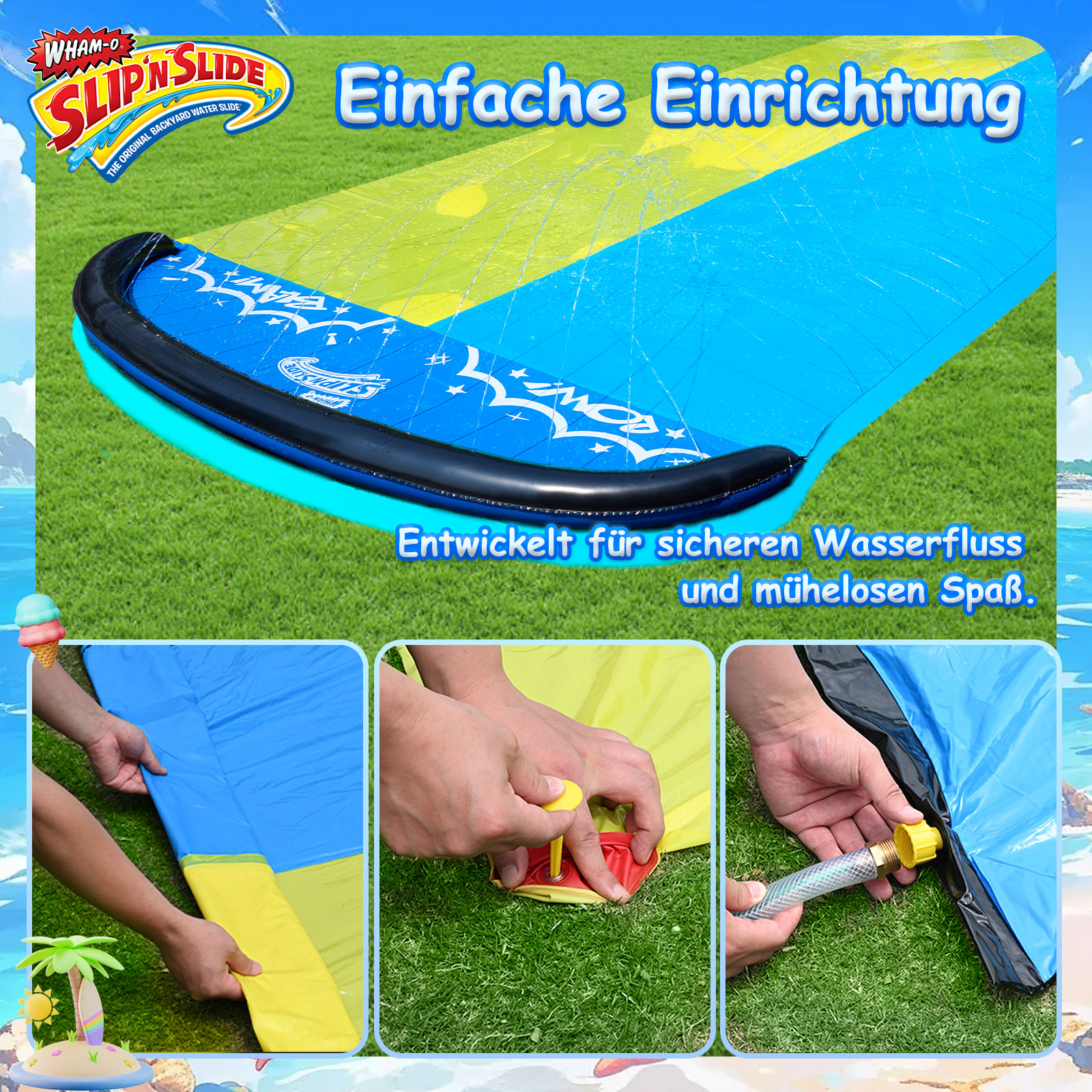 Rutschbahn-Setup. Hände verbinden einen Schlauch. Blauer und gelber Hintergrund.