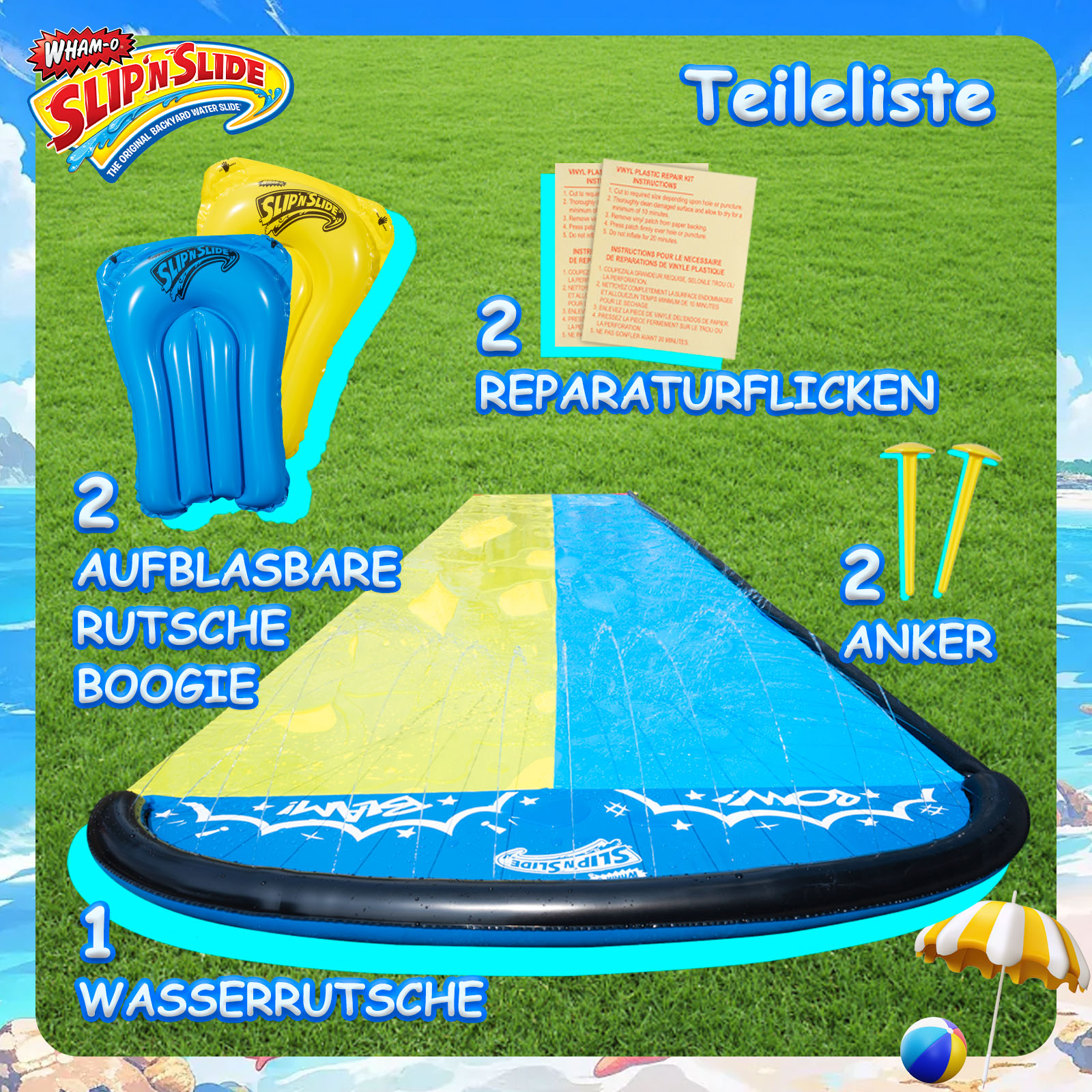 Slip'n Slide-Teile ausgebreitet. Enthält 2 aufblasbare Boogies, Reparaturflicken, Anker und eine Wasserrutsche.