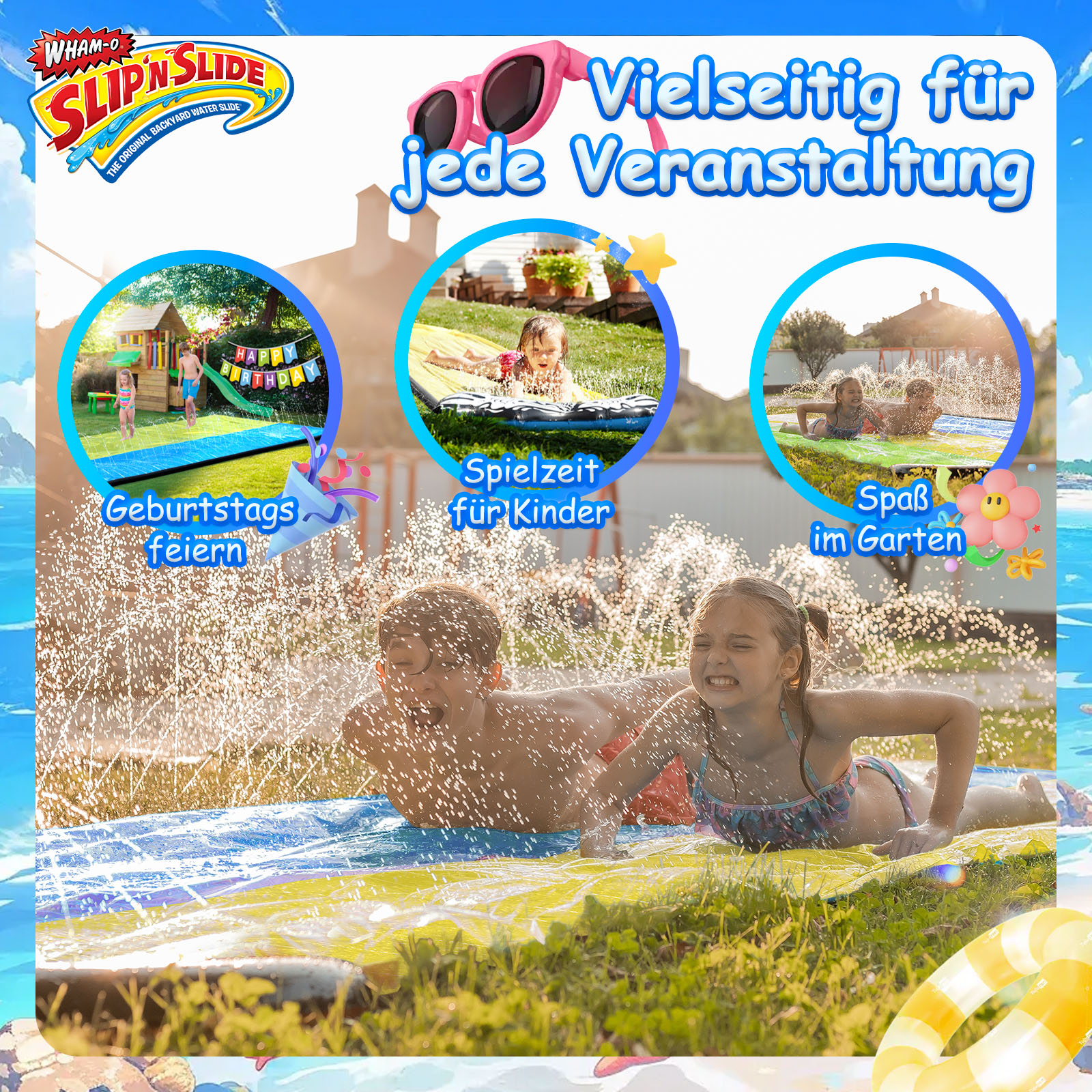 Kinder spielen auf einer Wasserrutsche mit dem Text "Slip N Slide" und anderen Illustrationen.