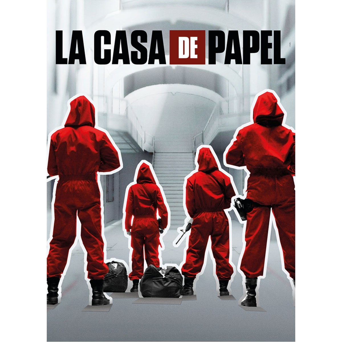 Plakat z postaciami z 'La Casa de Papel' w czerwonych kombinezonach i czarnych torbach.