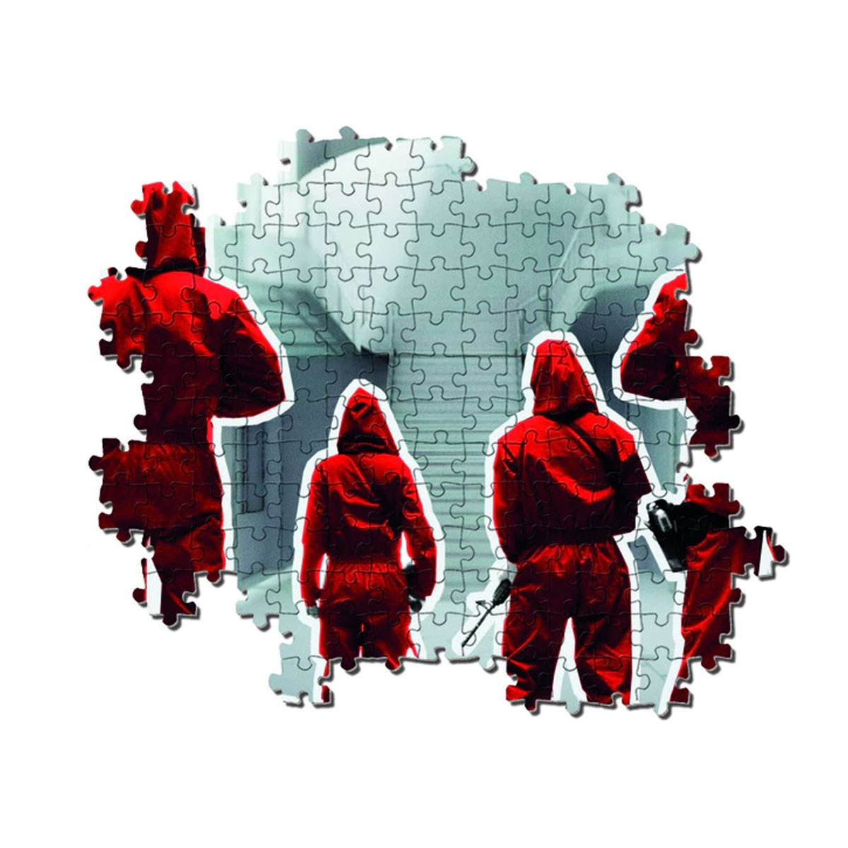 Puzzle z ludźmi w czerwonych kombinezonach z kapturami. Tło jest jasnoszare.