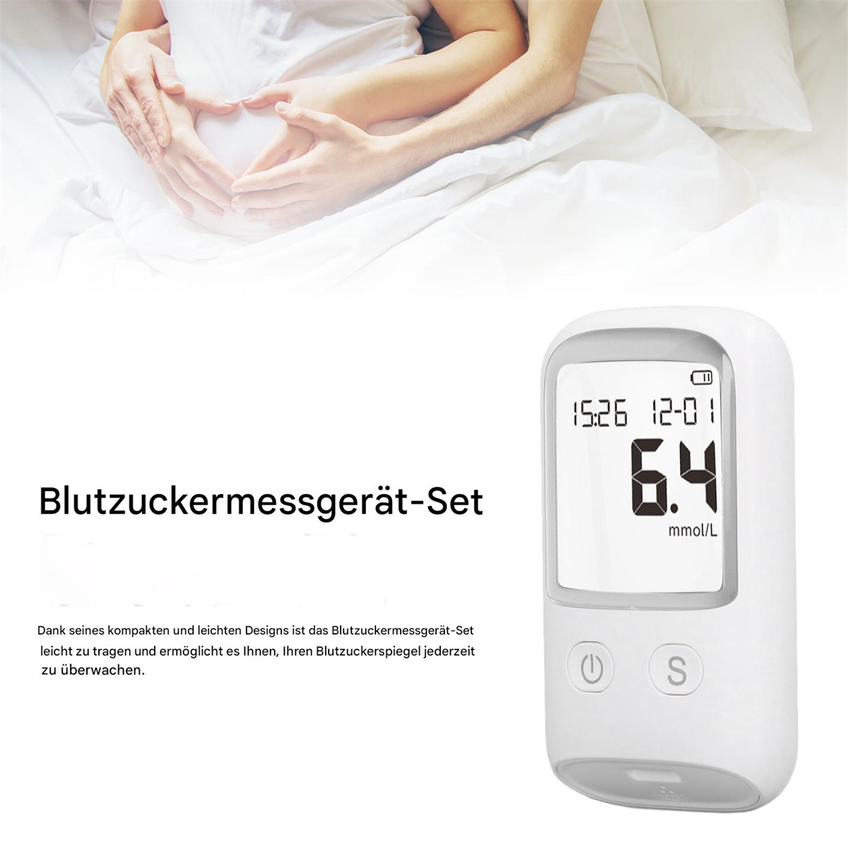 Ein Blutzuckermessgerät mit einem Messwert von 6,4 mmol/L, mit Händen im Hintergrund.
