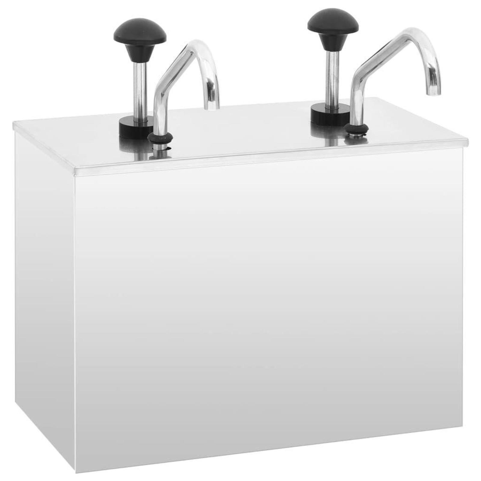 Edelstahlspender mit zwei Ausgüssen und schwarzen Pumpen. Oben zwei schwarze Pumpen.