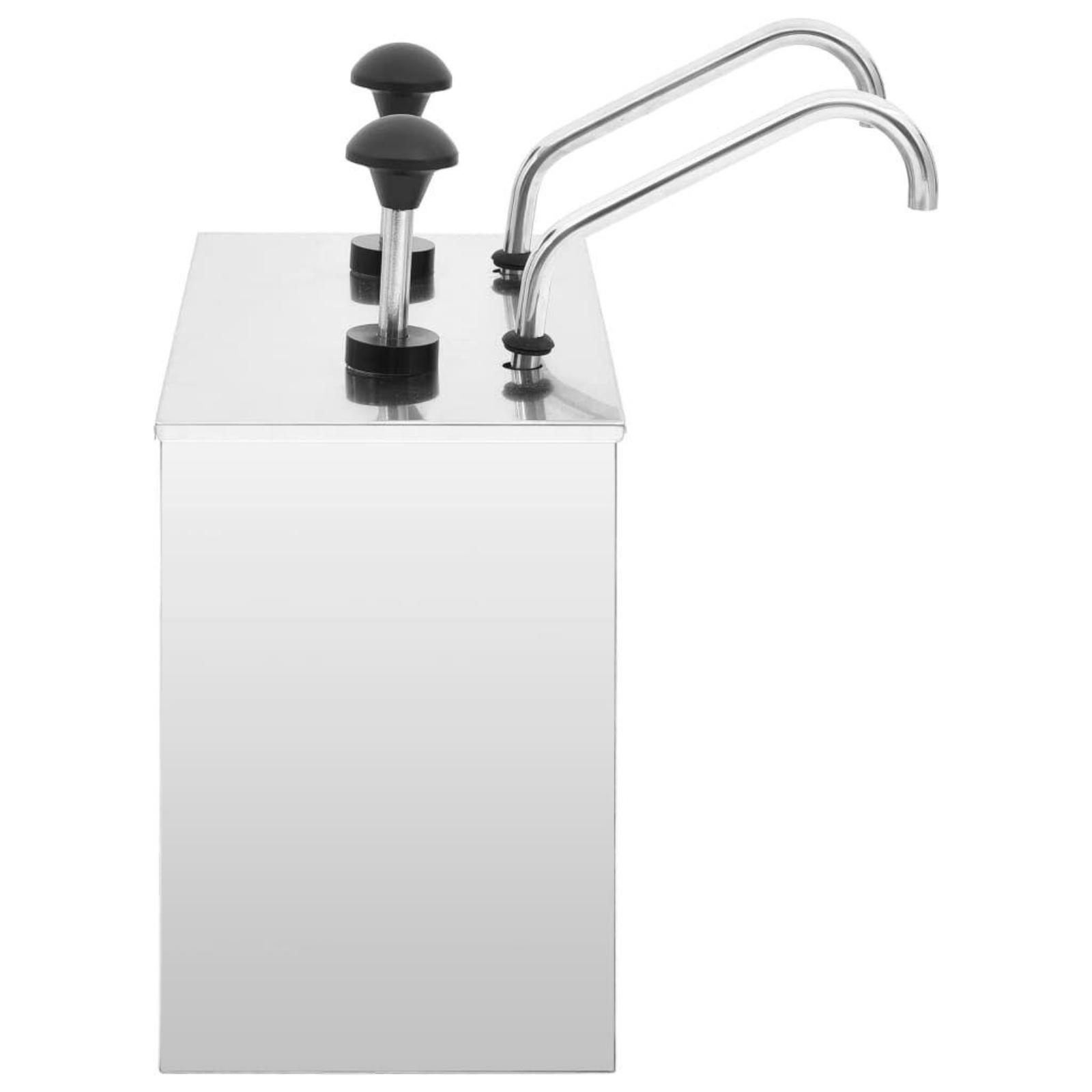 Edelstahlspender mit drei schwarzen Pumpen und zwei Ausgüssen. Oben hat er drei schwarze Pumpen.