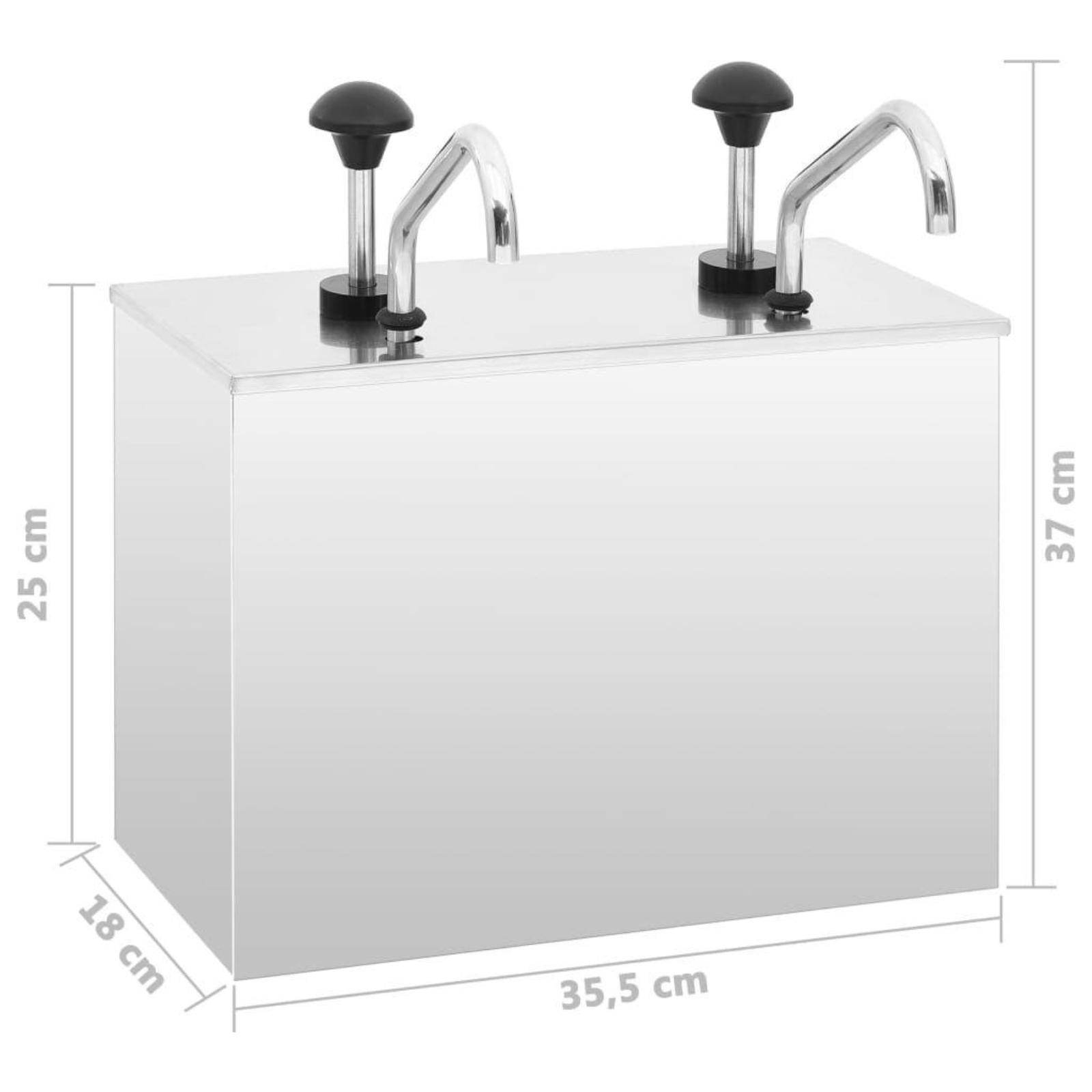 Edelstahl-Gewürzspender mit zwei Pumpen. Abmessungen: 35,5 x 18 x 25 cm, 37 cm hoch.
