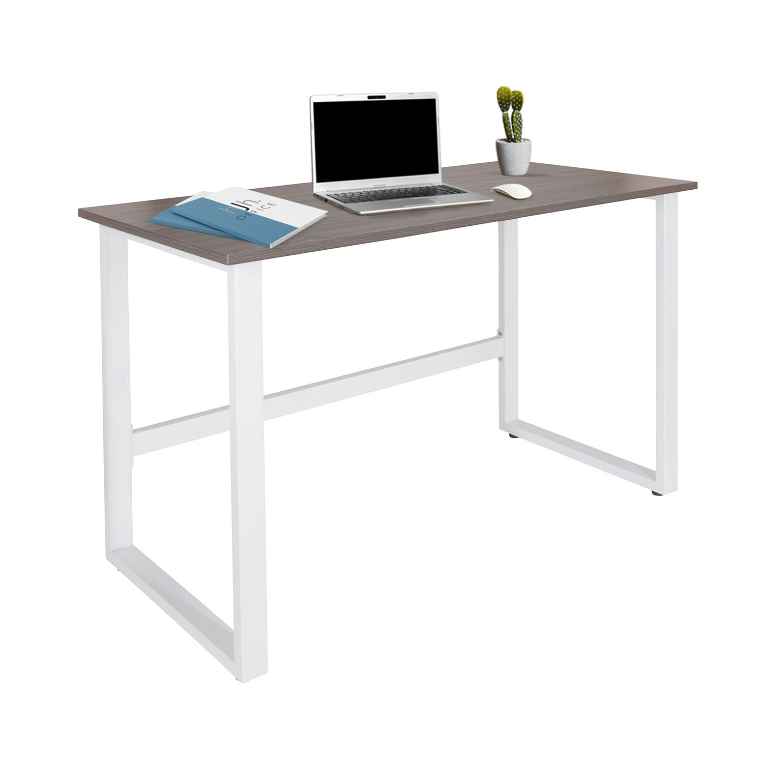 Schreibtisch mit Laptop, Kaktus, Büchern und Maus. Weiße Beine, graue Platte.