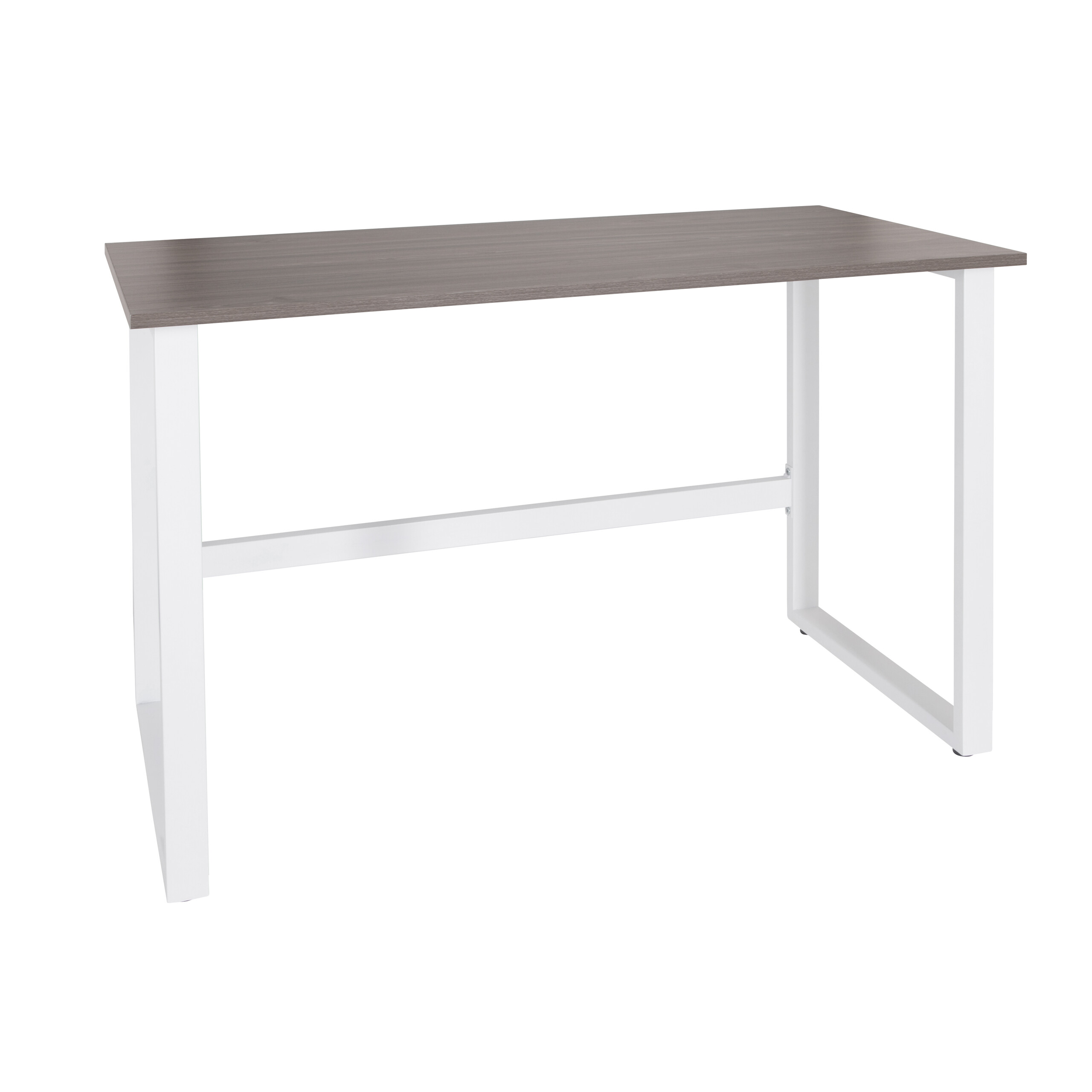 Weißer Schreibtisch mit grauer Oberseite. Weiße Beine, einfaches Design, weißer Hintergrund.