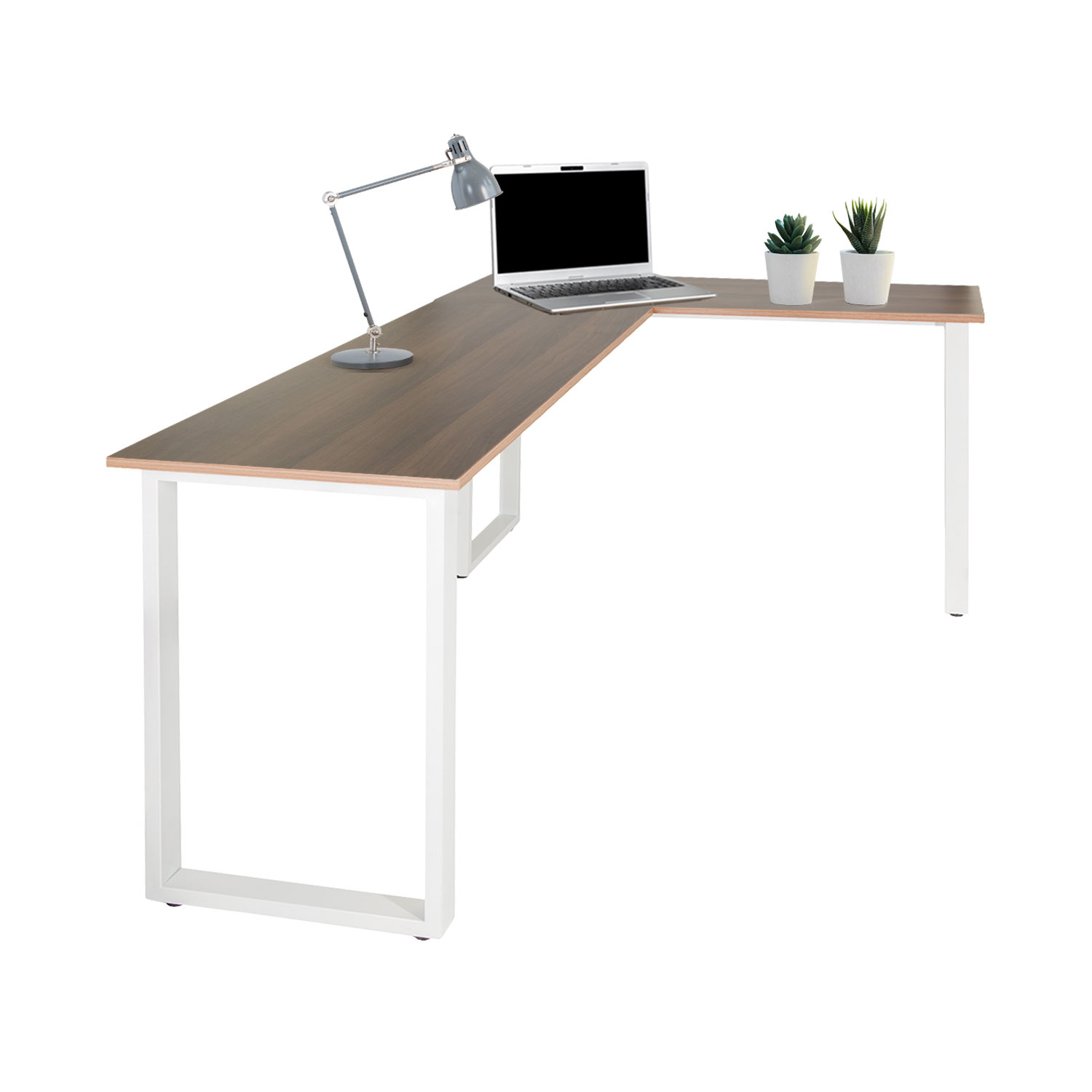L-förmiger Schreibtisch mit Laptop, Lampe und Pflanzen.