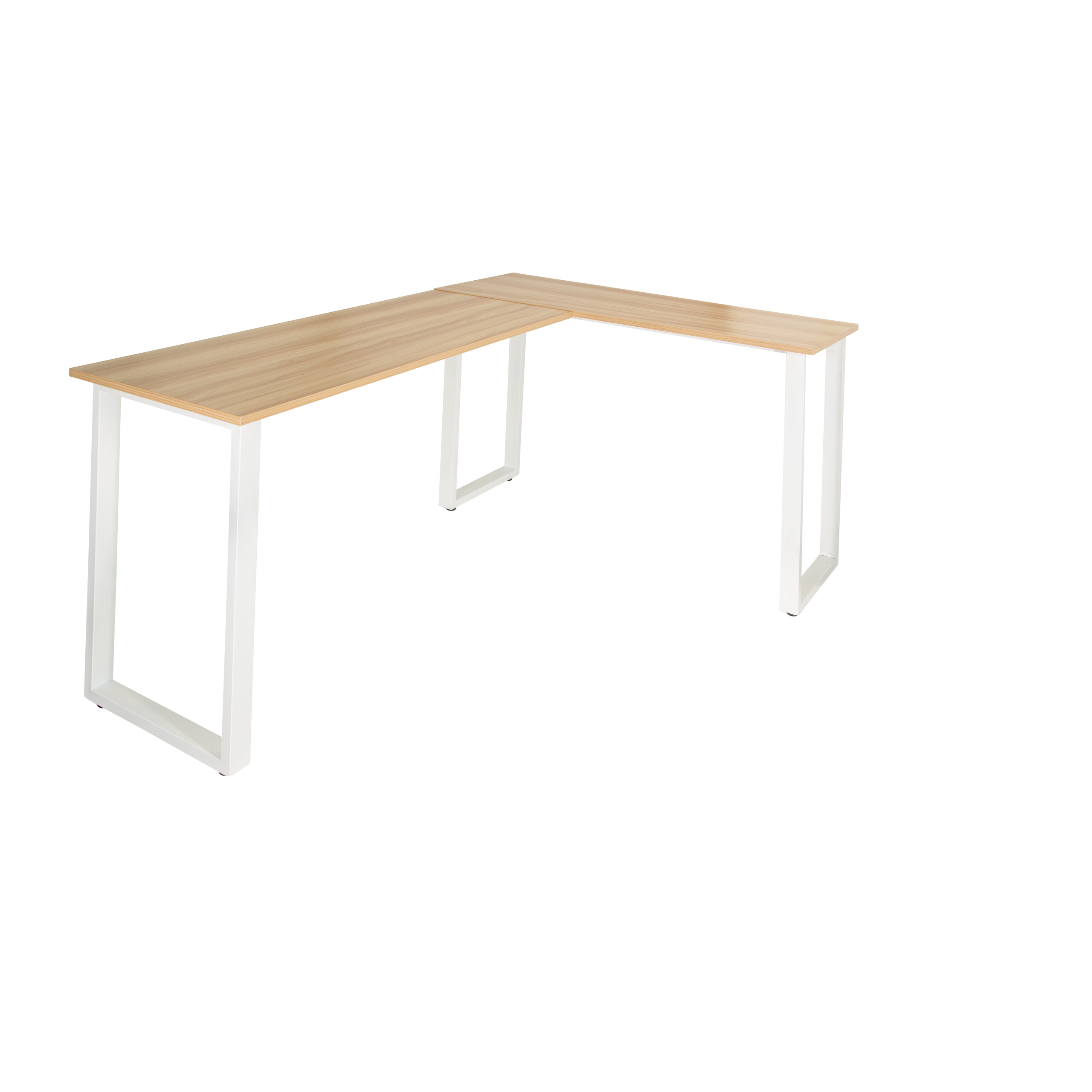 L-förmiger Holzschreibtisch, weiße Beine. Einfaches Design vor weißem Hintergrund.
