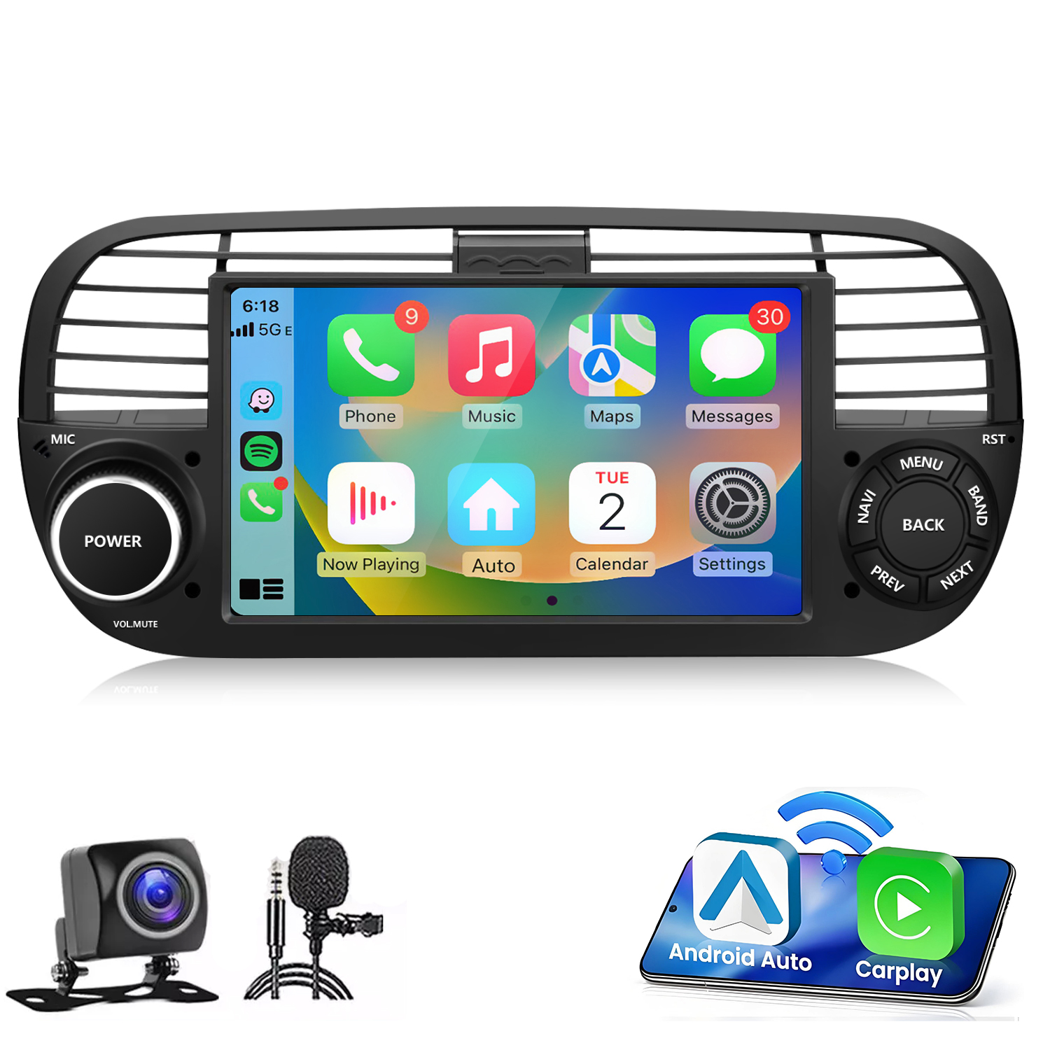 L'immagine mostra un'autoradio con varie icone di app sullo schermo.