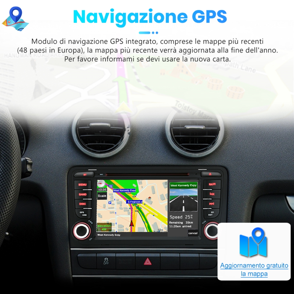 Cruscotto auto con schermo GPS che mostra una mappa. Testo in italiano, icona mappa in basso.