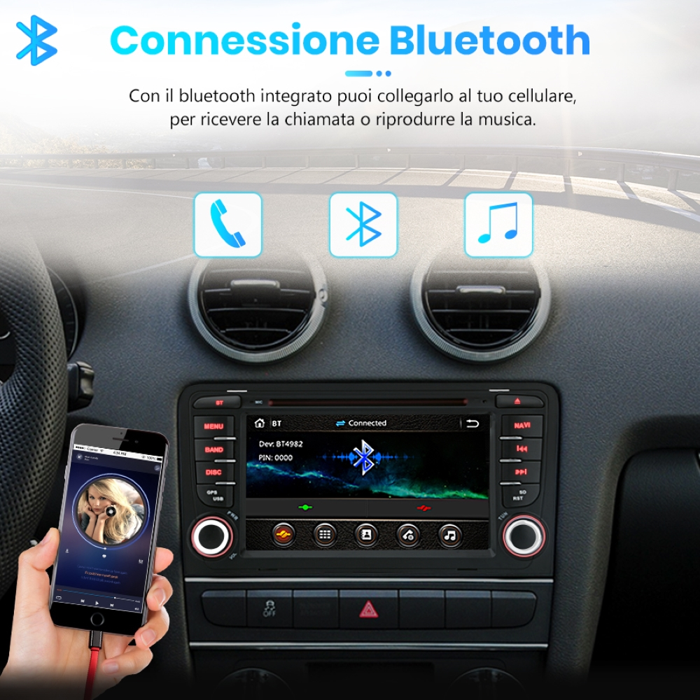 Autoradio con telefono collegato tramite Bluetooth. Schermo mostra musica e dettagli del dispositivo.