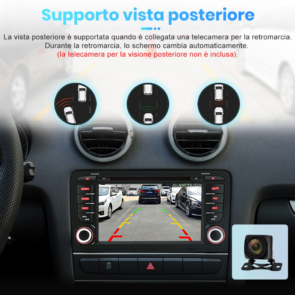 Schermo multimediale dell'auto che mostra una vista della telecamera di retromarcia con auto e linee di parcheggio.