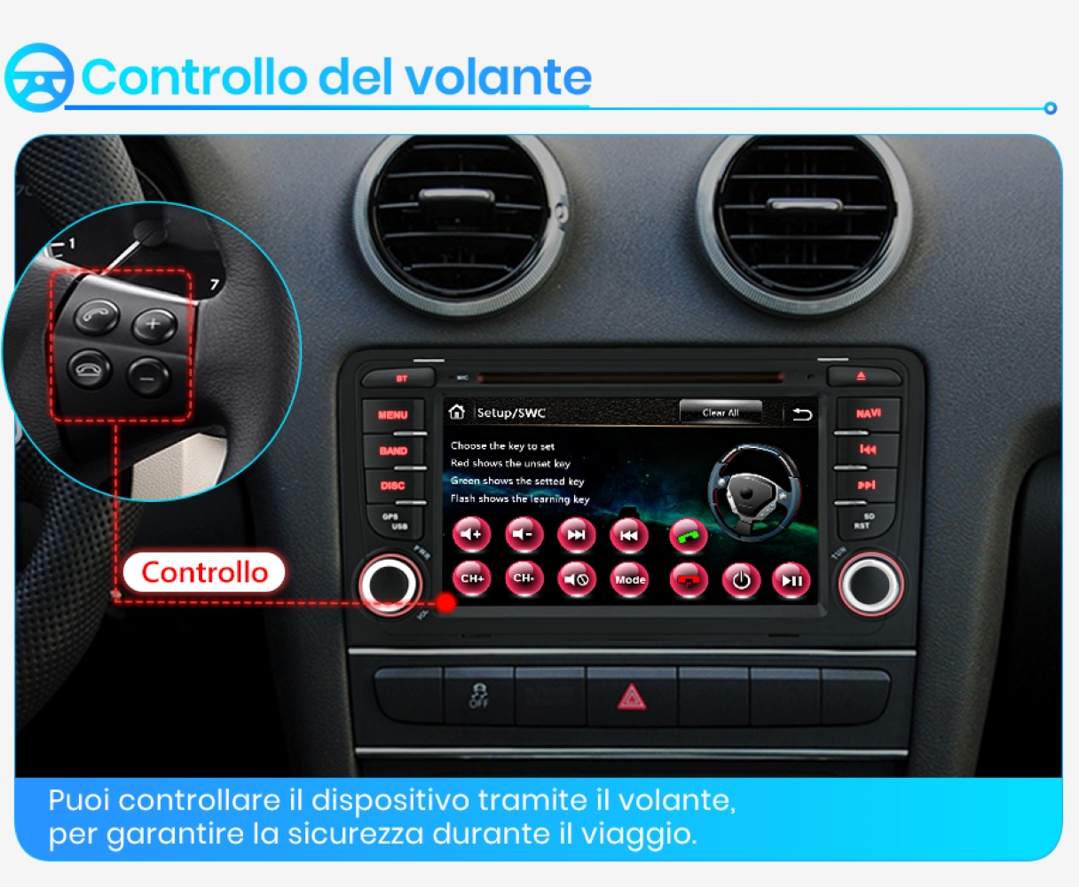 Cruscotto auto con schermo centrale che mostra le impostazioni e i comandi al volante.