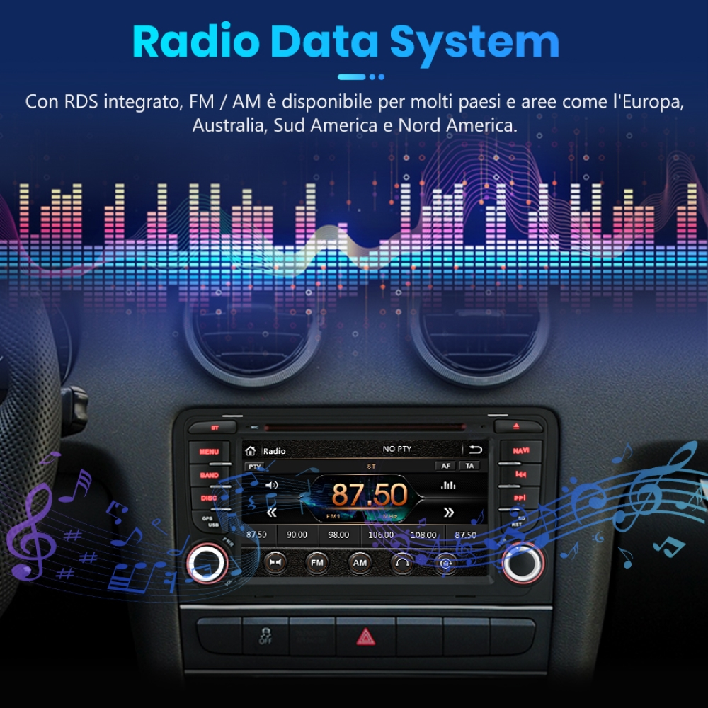 Interfaccia autoradio con equalizzatore e informazioni radio. Le note fluttuano intorno all'interfaccia.