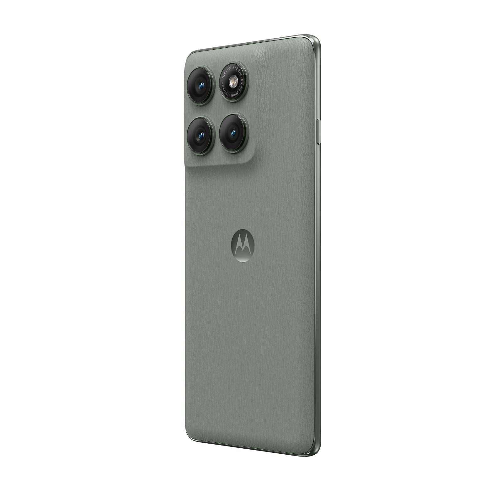 Eine hellgrüne Smartphone-Rückseite mit mehreren Rückkameras und einem Motorola-Logo.