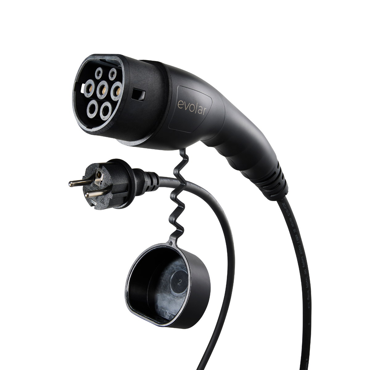 An EV charging connector and plug with a black handle and cable against a black background.