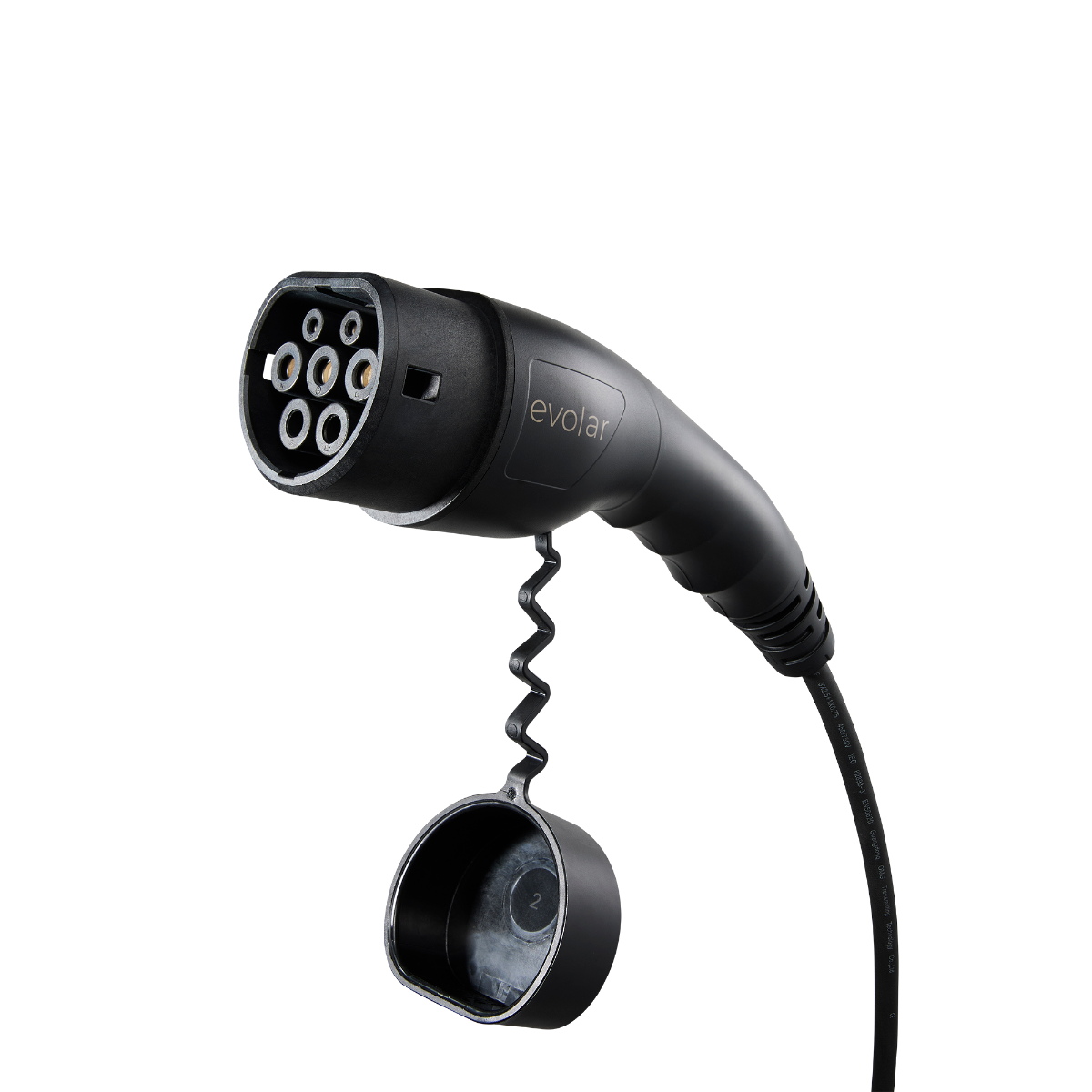 Black EV charger with a black background. The charger's head is in focus, with a small cap.