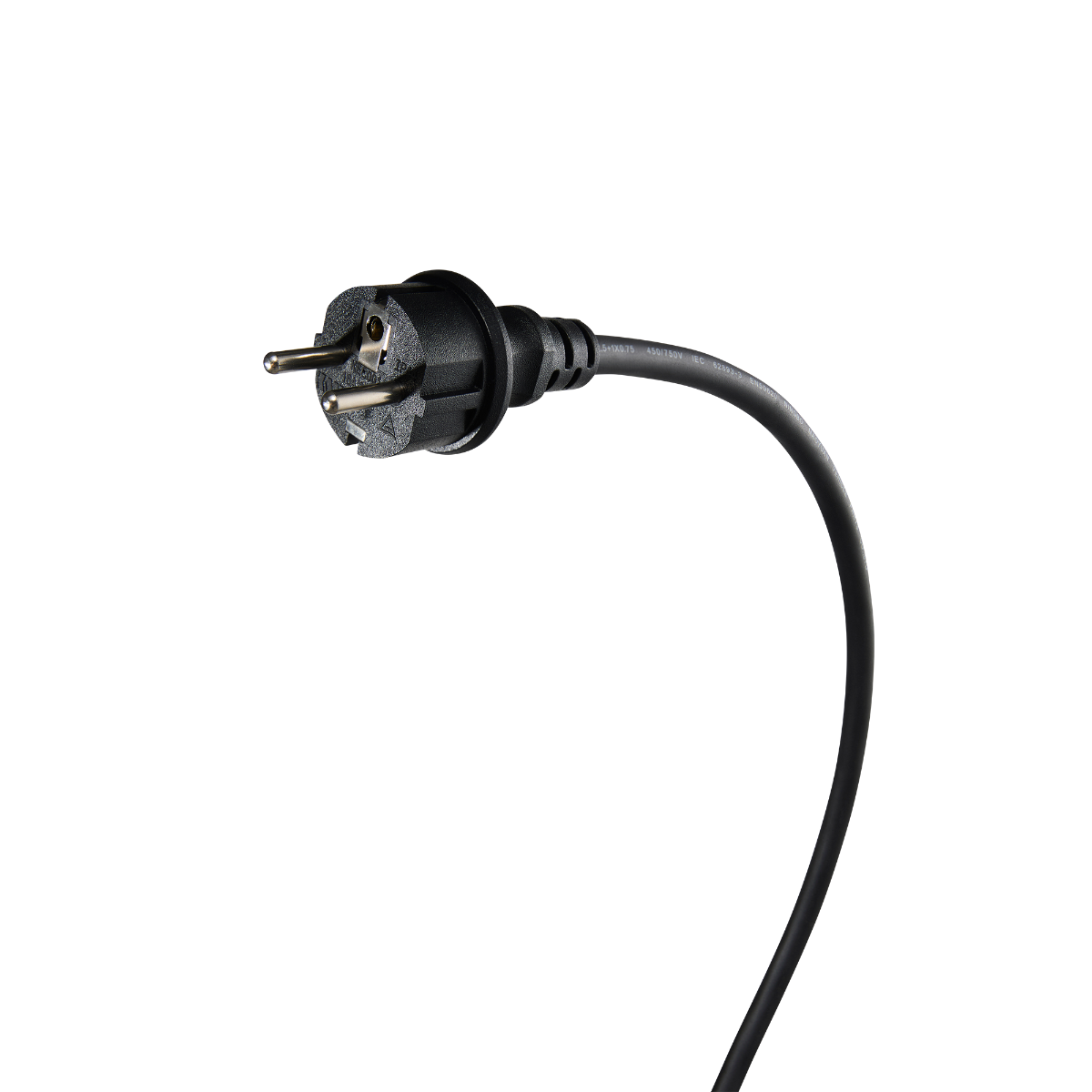 Black plug with two pins, connected to a black cable against a black background.
