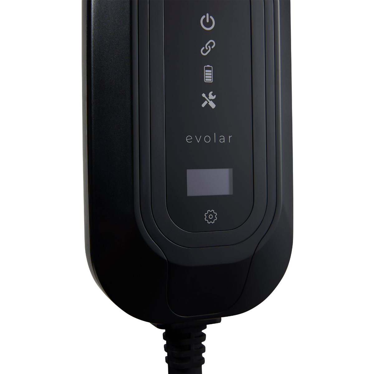 Close-up of a black EV charger control unit with a small display and buttons.