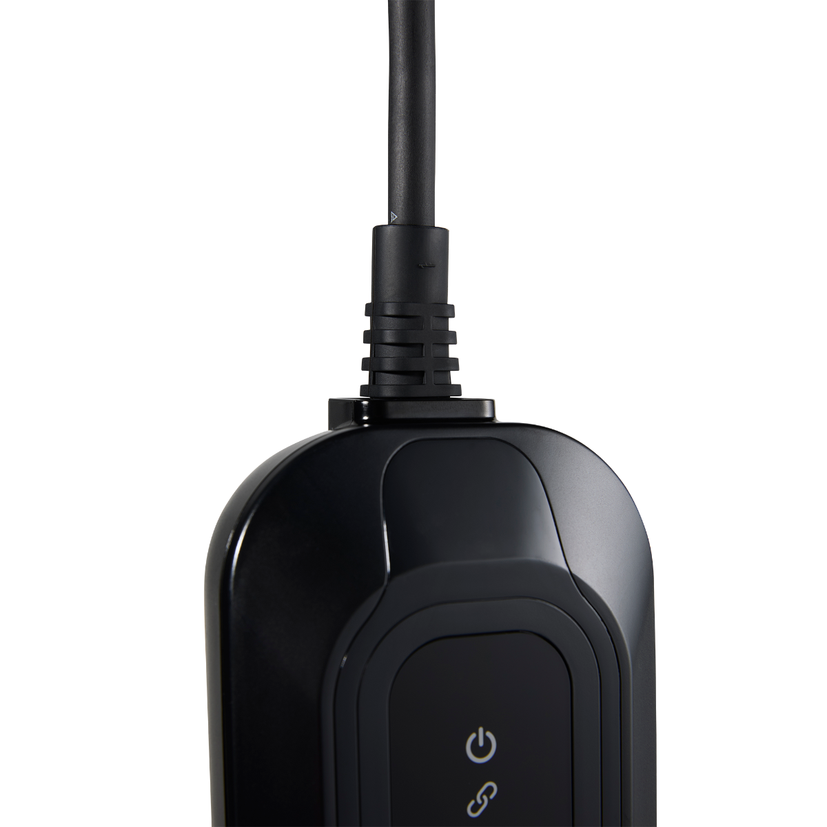 Black connector with a power button and cable, against a black background.