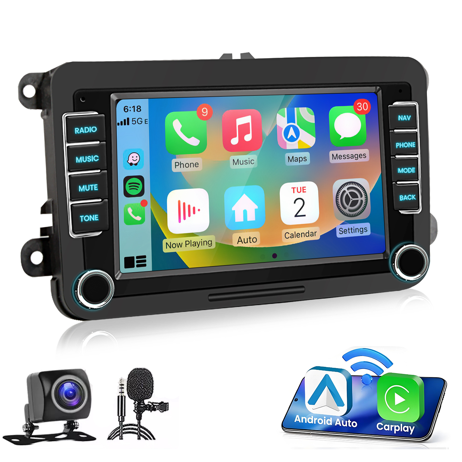 Autoradio con schermo che mostra app, più telecamera e microfono.