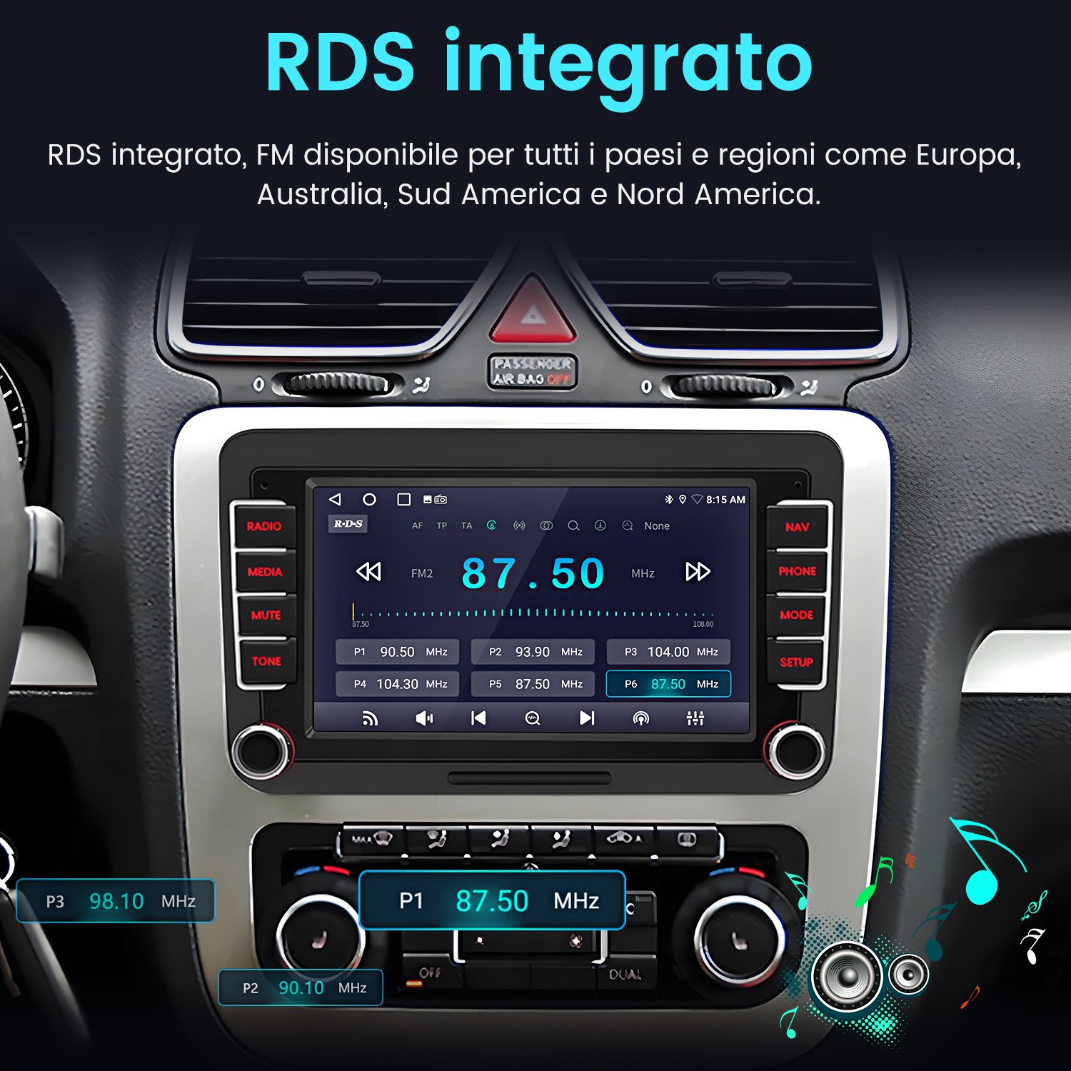 Schermo del cruscotto dell'auto che mostra le stazioni radio e le frequenze.
