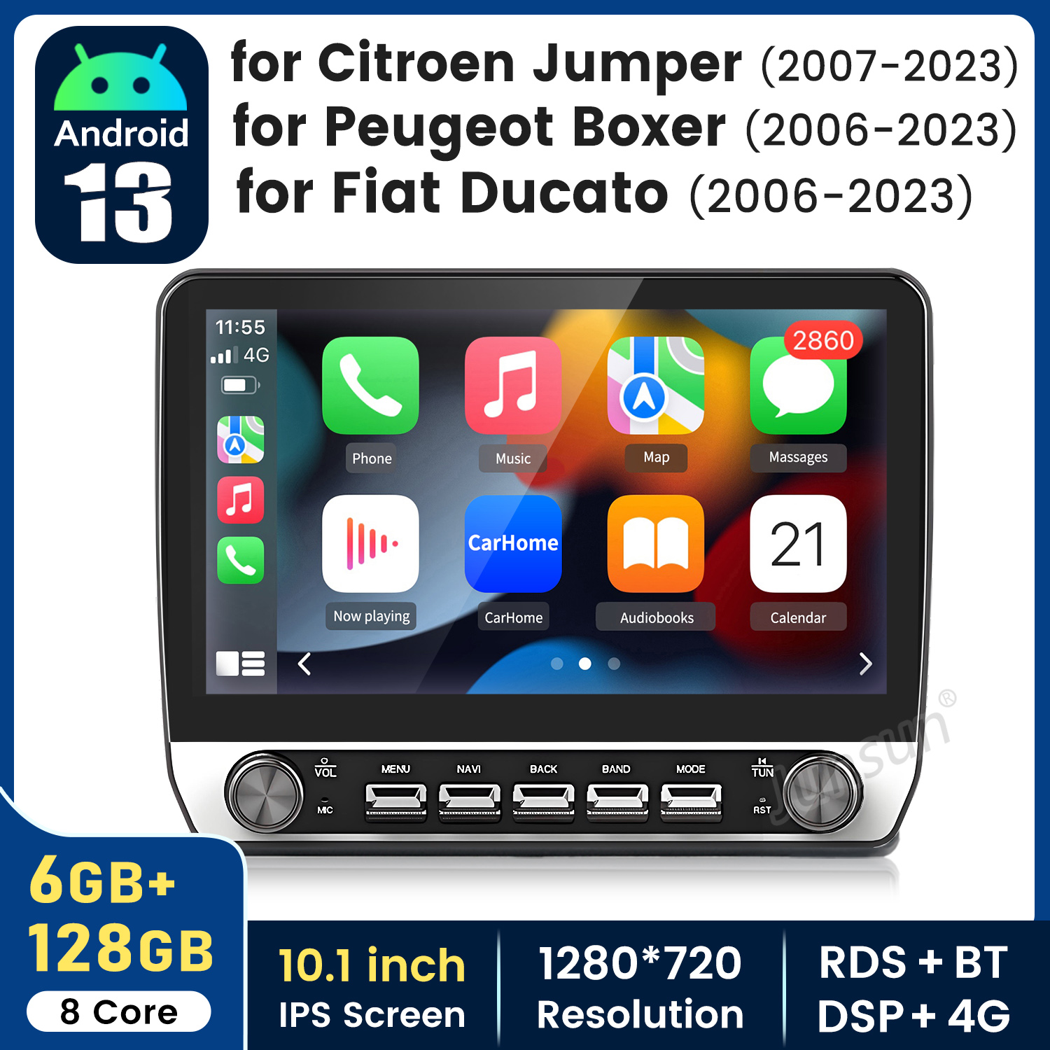 Autoradio con schermo che mostra icone e testo.