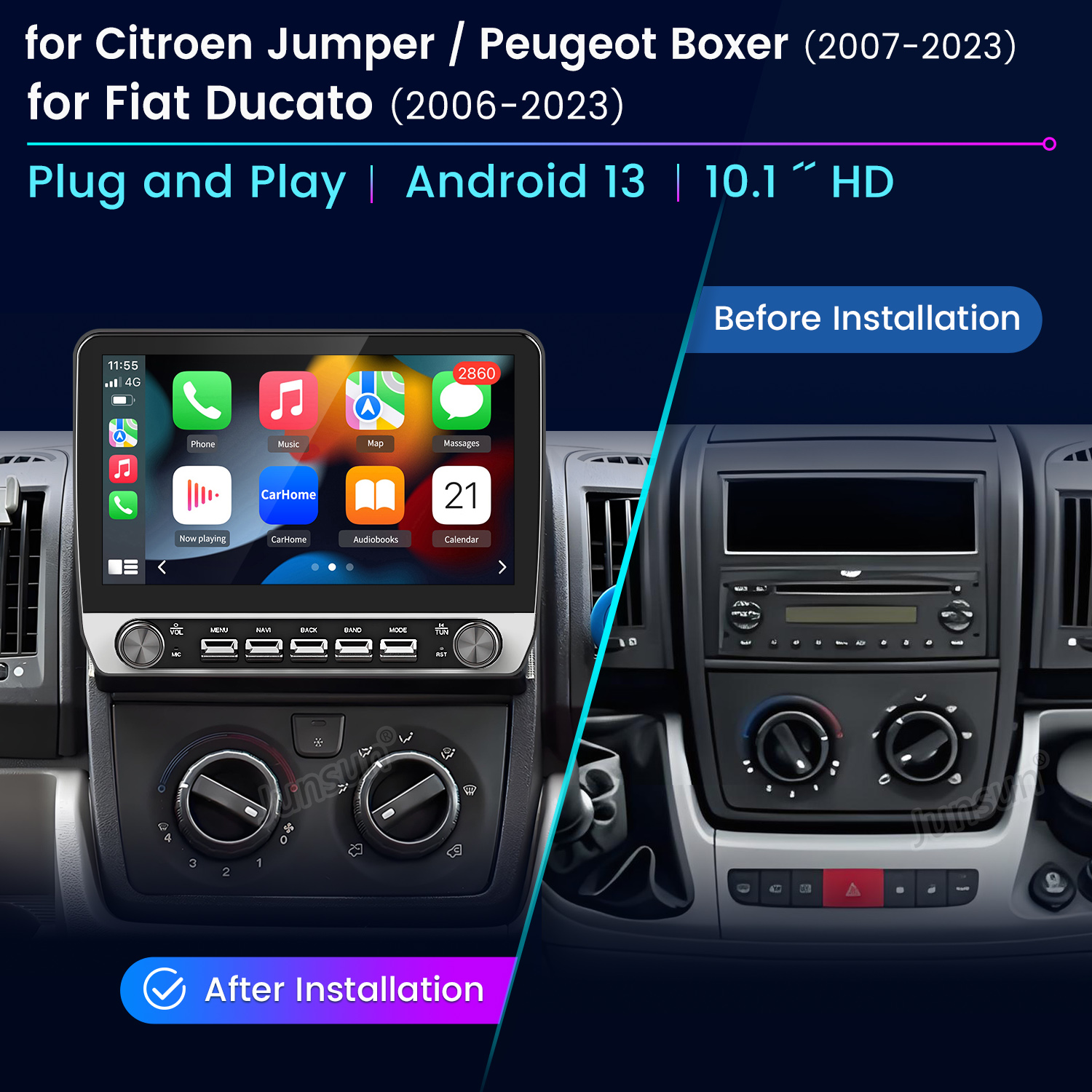 Schermo dell'autoradio prima e dopo l'installazione, che mostra app e impostazioni.