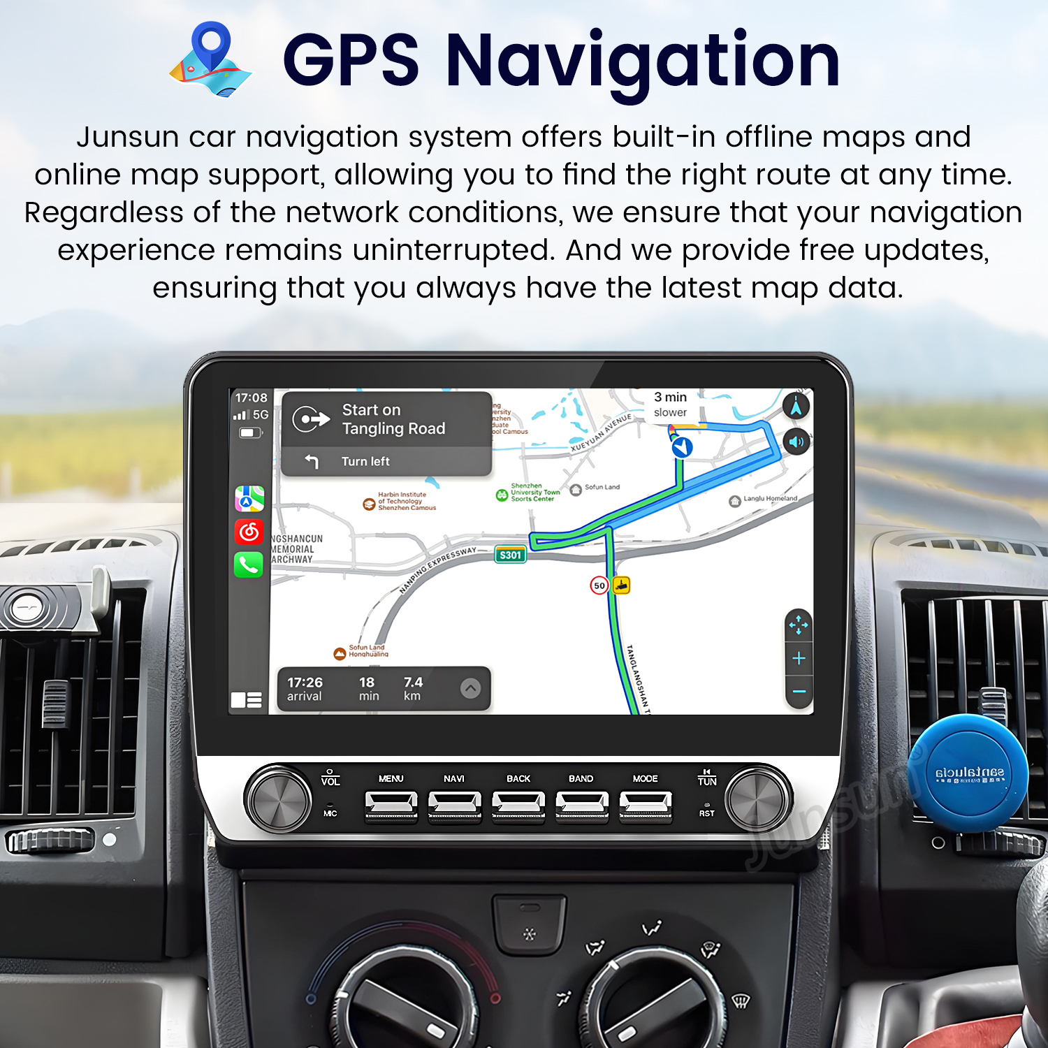 Schermo del cruscotto auto con una mappa che mostra un percorso, con dettagli di navigazione GPS.