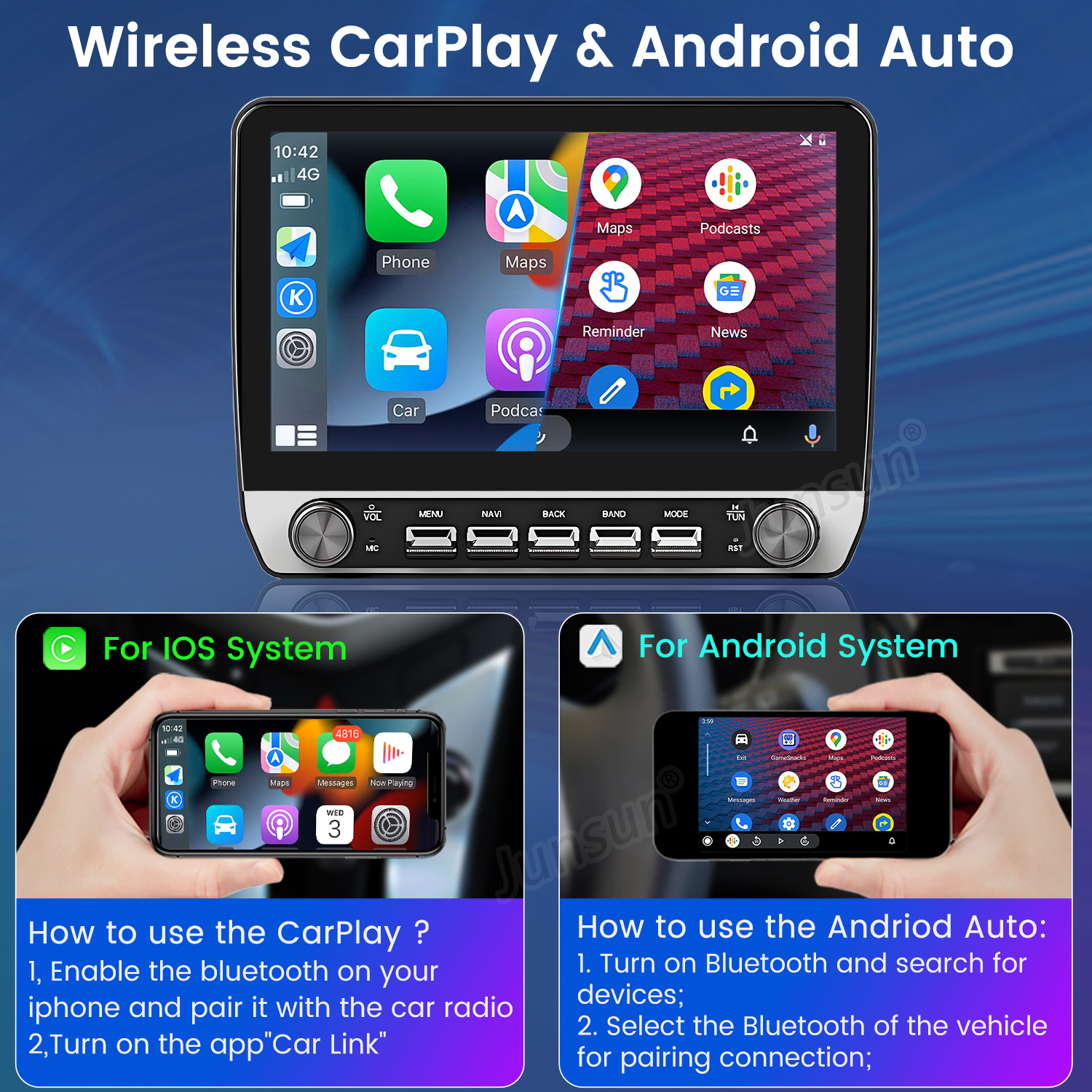 Autoradio-Bildschirm mit CarPlay- und Android Auto-Anweisungen, zwei Telefonanzeigen.