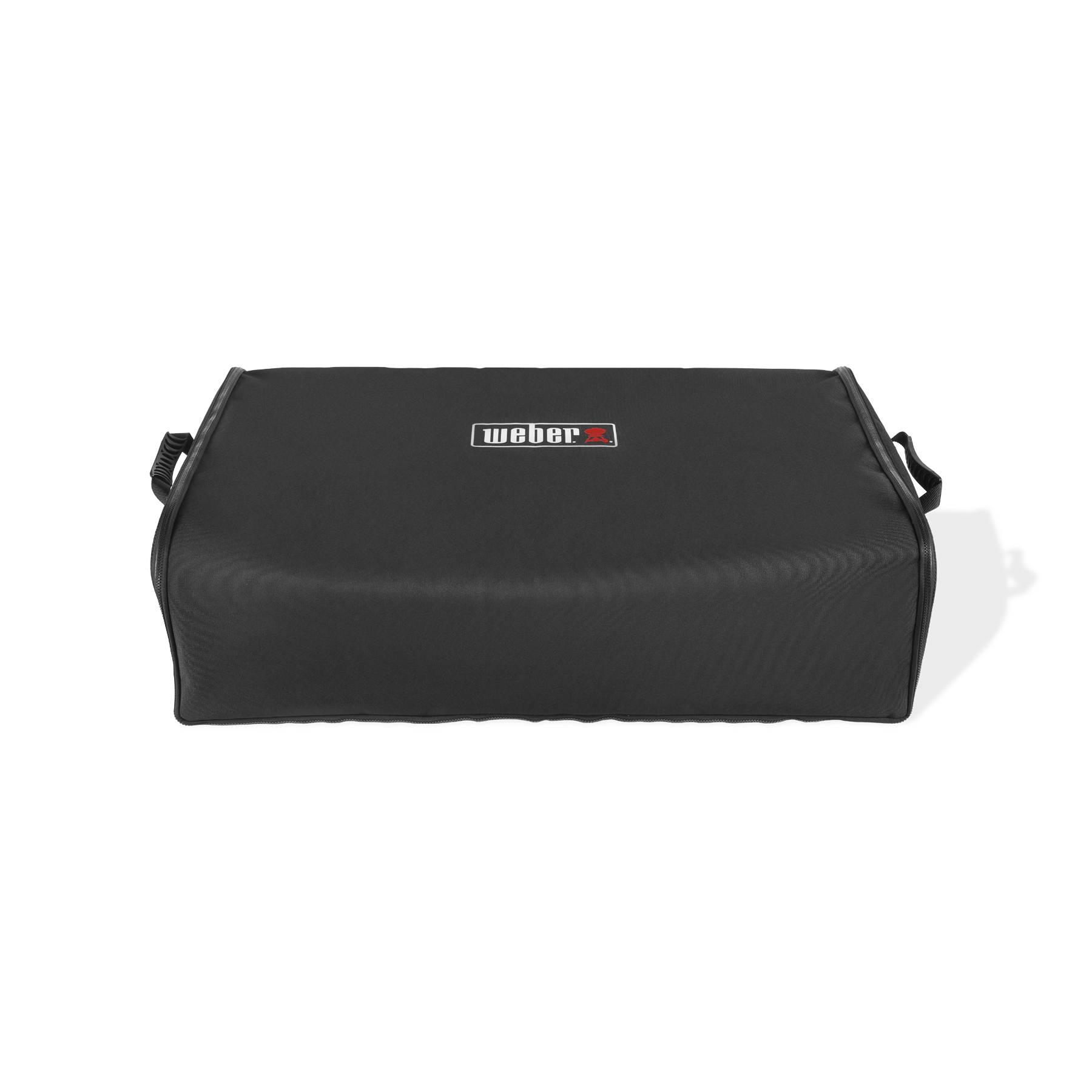 Funda negra para parrilla Weber. Rectangular, asas laterales, con logotipo Weber. Fondo blanco.