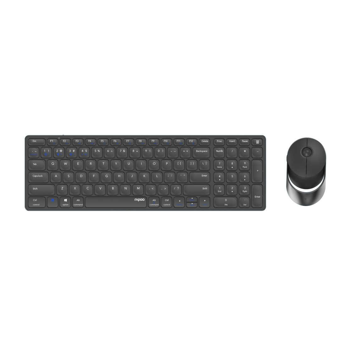 Set tastiera e mouse Rapoo nero. La tastiera è compatta e ha una serie di tasti. Il mouse è piccolo e rotondo.