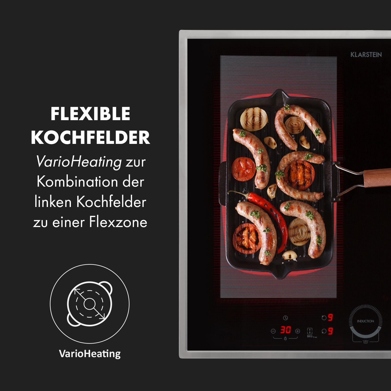 Schwarzes Induktionskochfeld mit Würstchen, Tomaten und Paprika auf einem Grill.