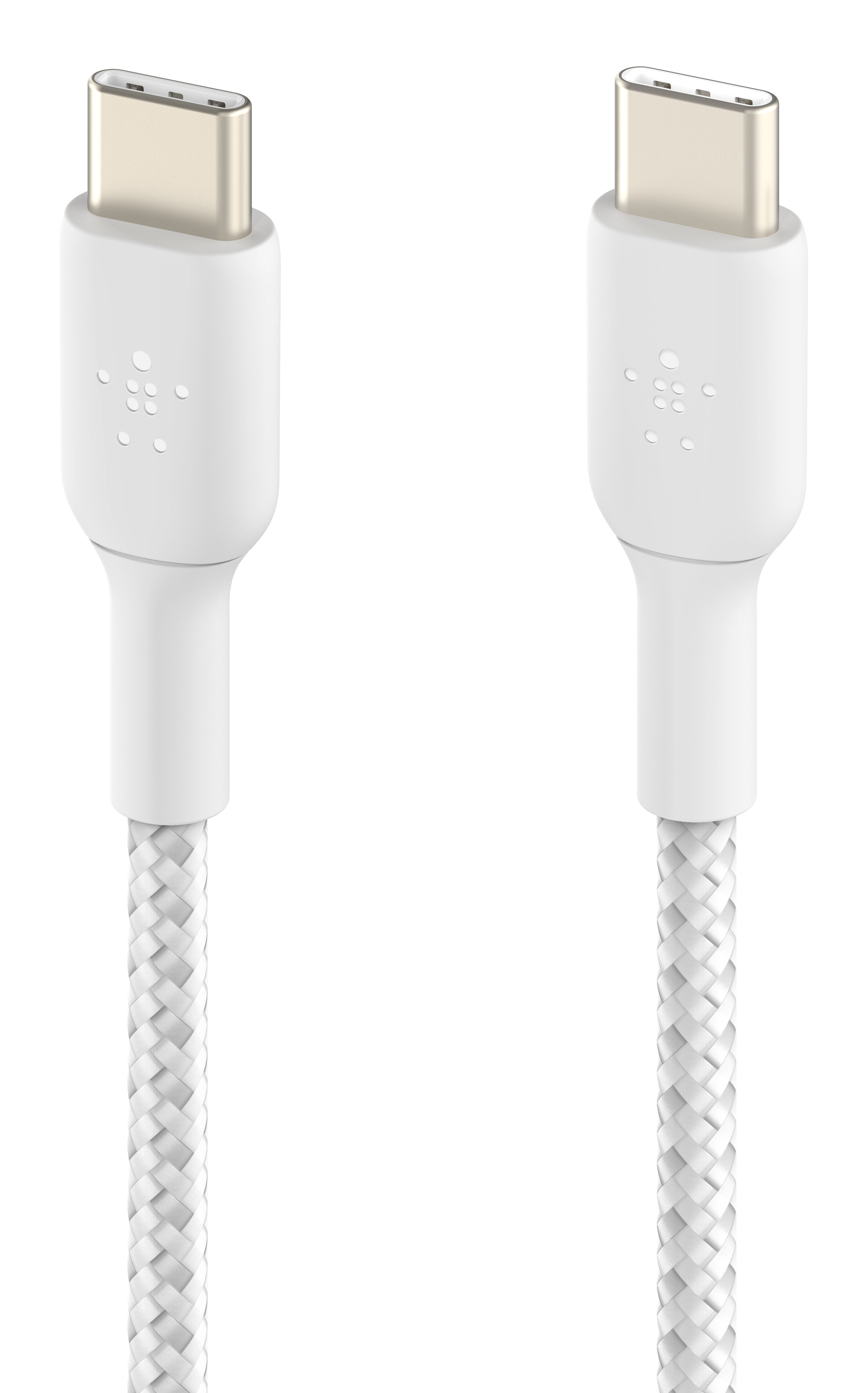 Dwa białe kable USB-C ze srebrnymi złączami, pleciony design, białe tło.