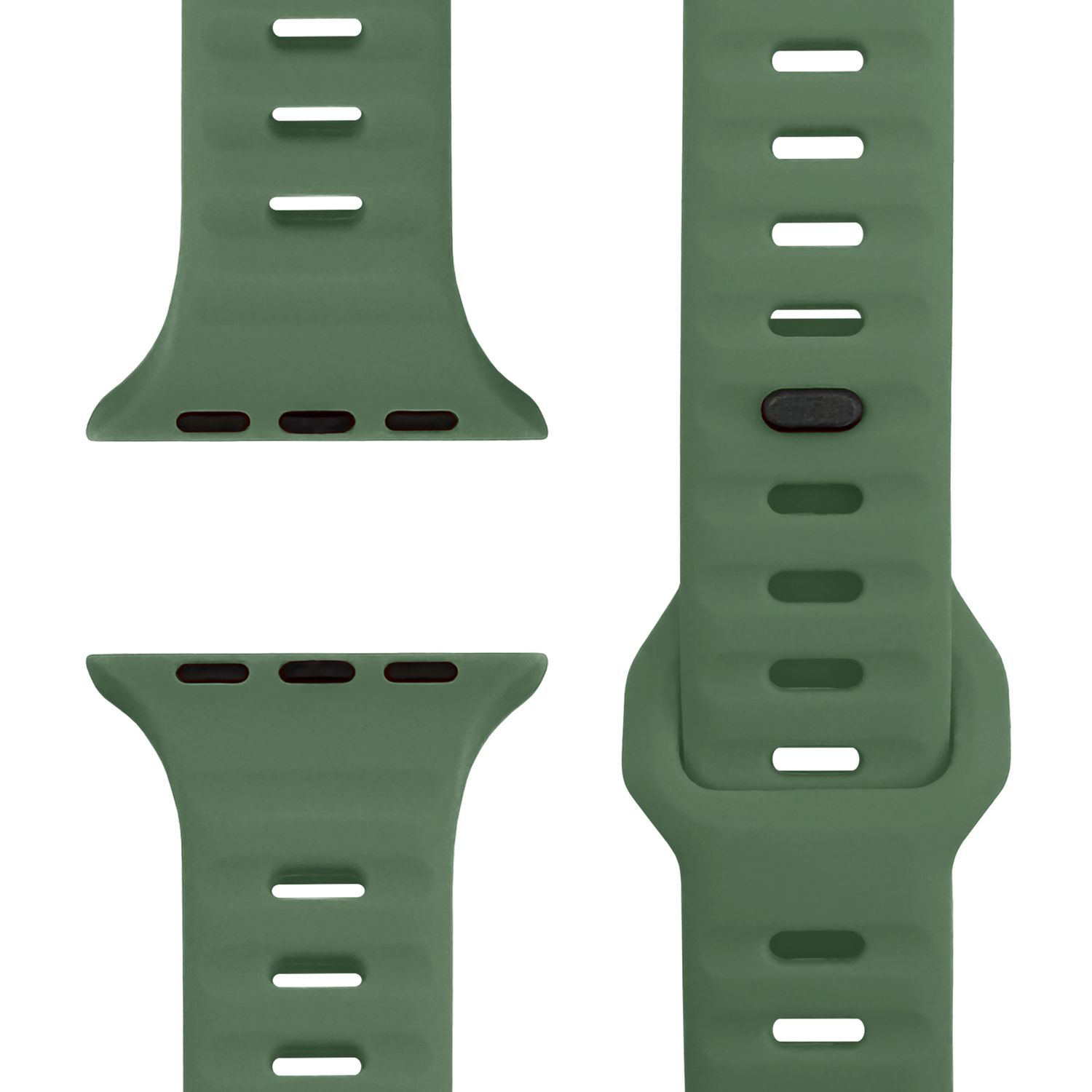 Grünes Uhrenarmband, segmentiert. Mehrere Abschnitte. Strukturierte Oberfläche. Zubehör, Sportdesign.