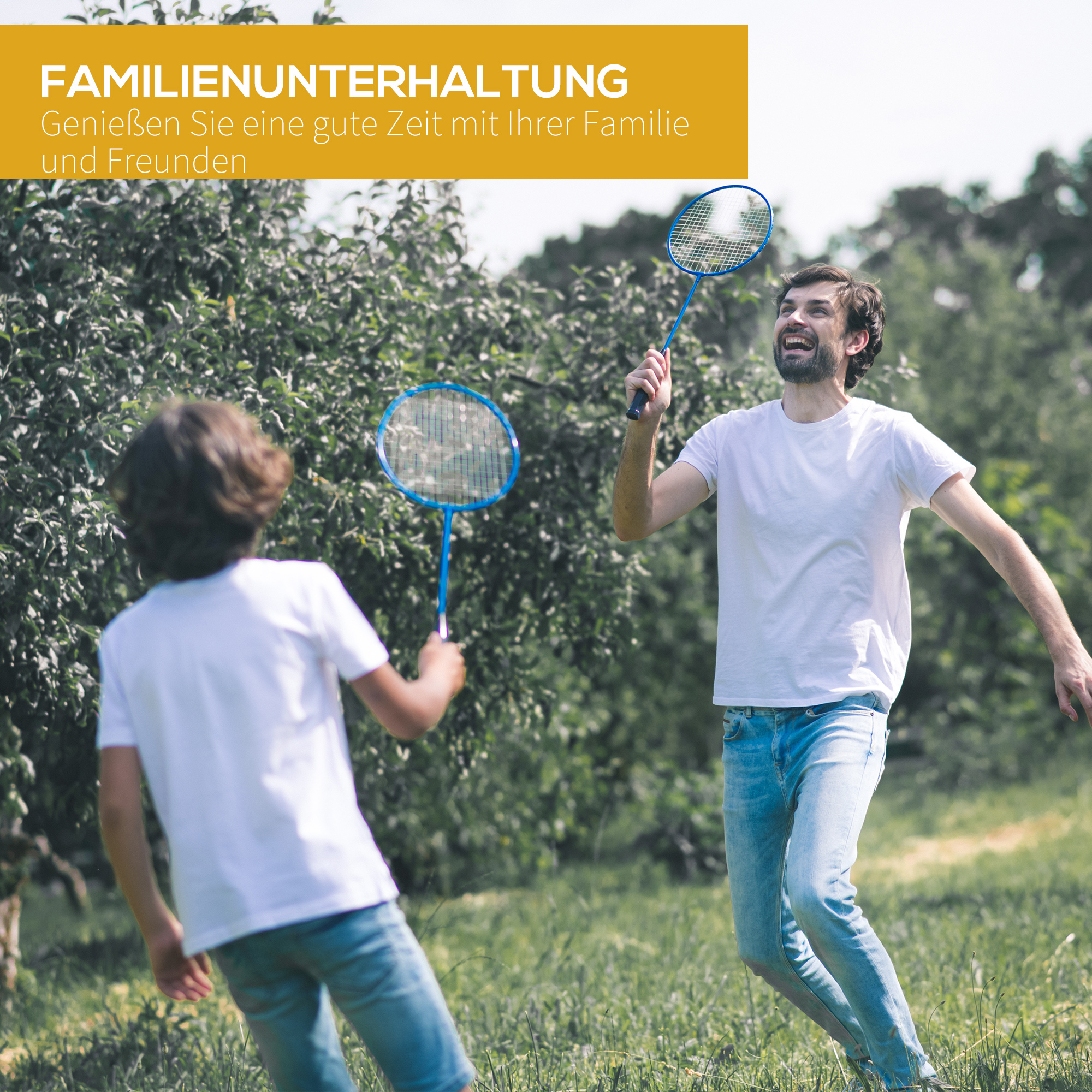 Zwei Personen spielen Badminton im Freien. Der Text oben lautet: Familienunterhaltung.