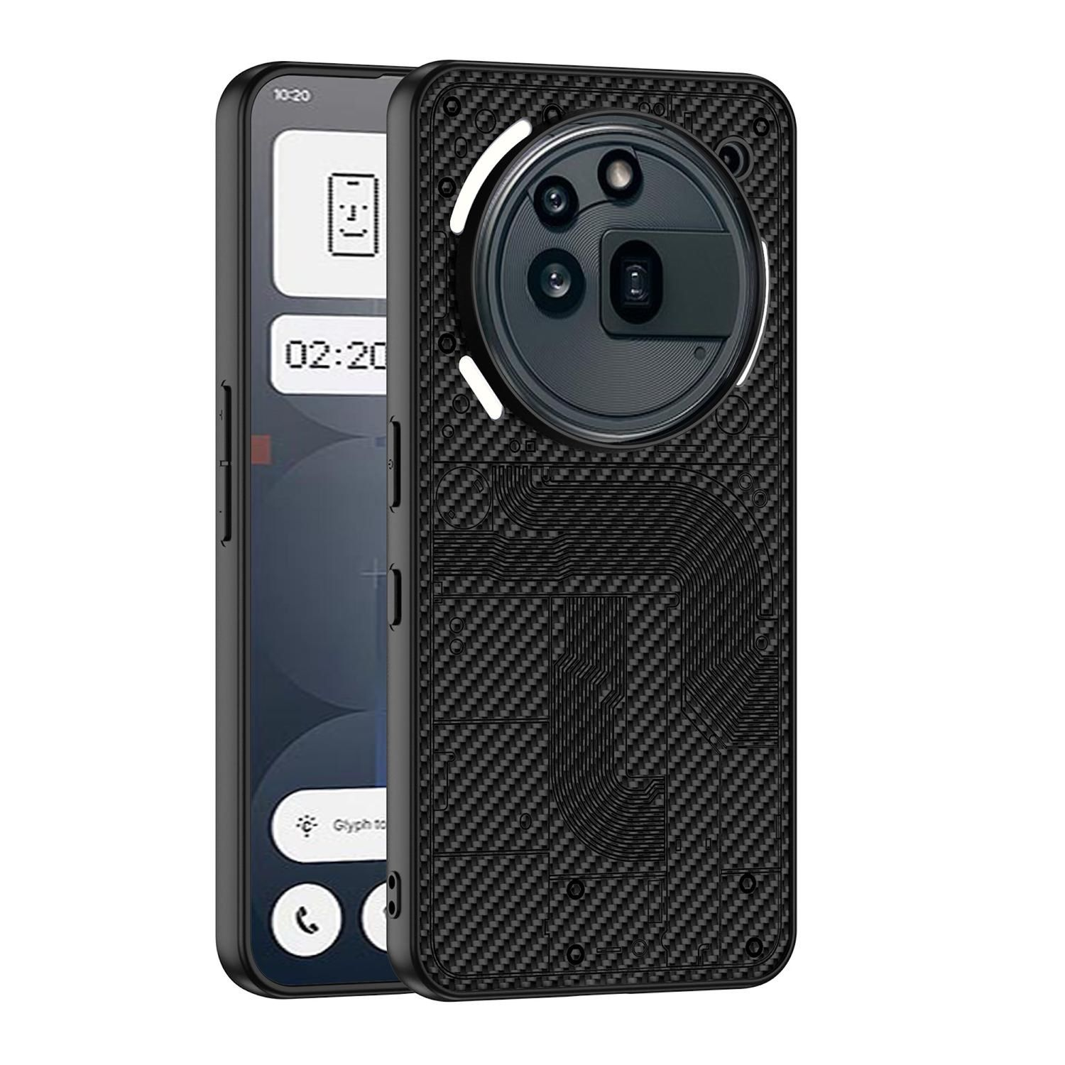 Schwarzes Smartphone mit einzigartiger Hülle. Die Hülle hat ein Kameraobjektiv und ein geometrisches Design.