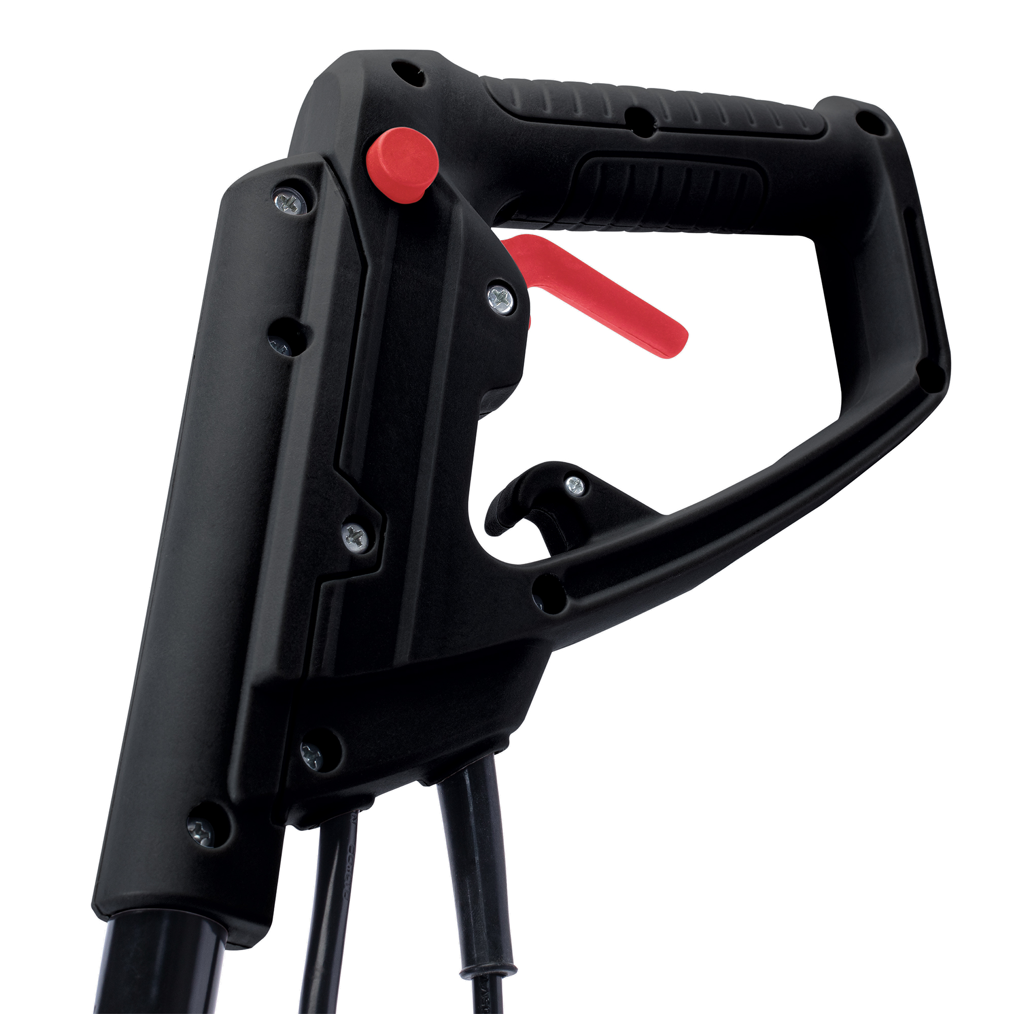Un primo piano dell'impugnatura di un utensile elettrico nero e rosso. È visibile un pulsante rosso.