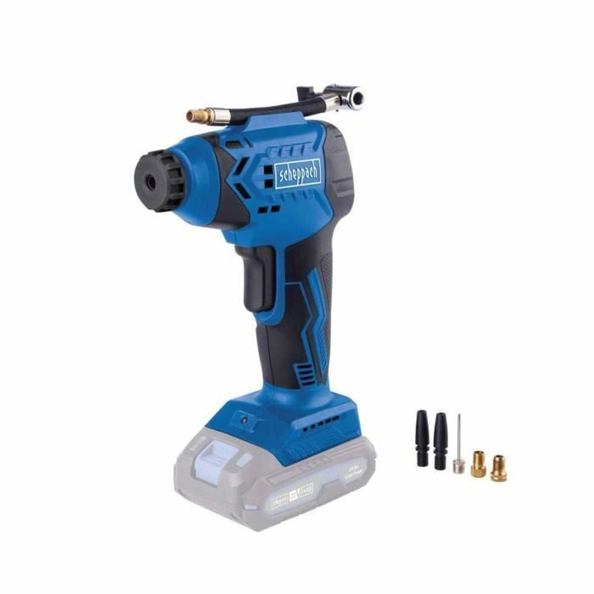 Un compressore d'aria cordless blu e nero con accessori.