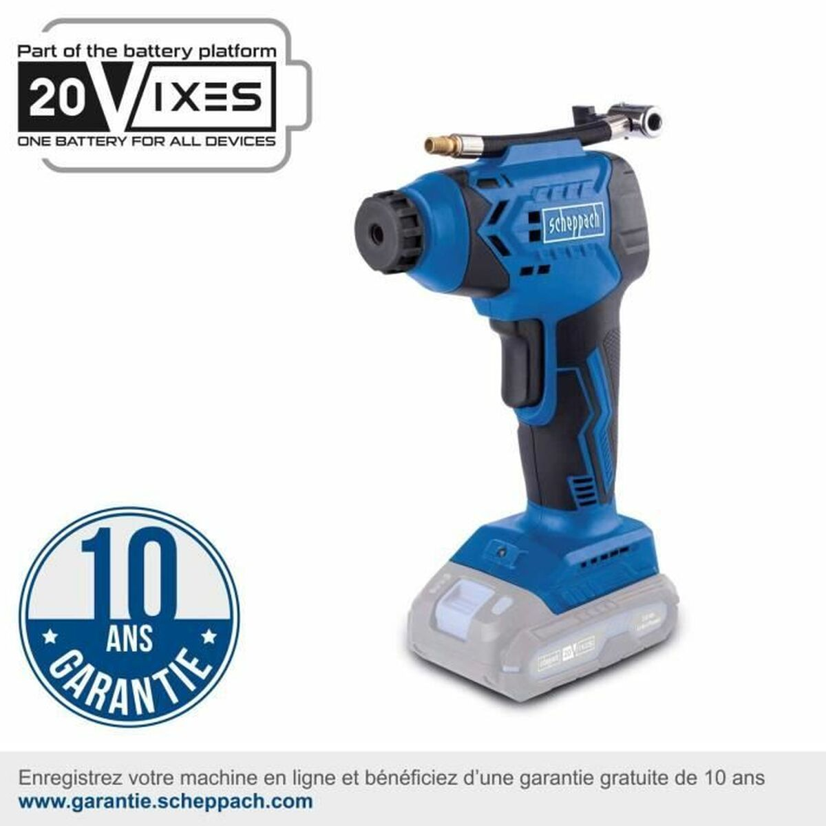 Compressore d'aria cordless blu e nero accanto alla batteria e al testo.