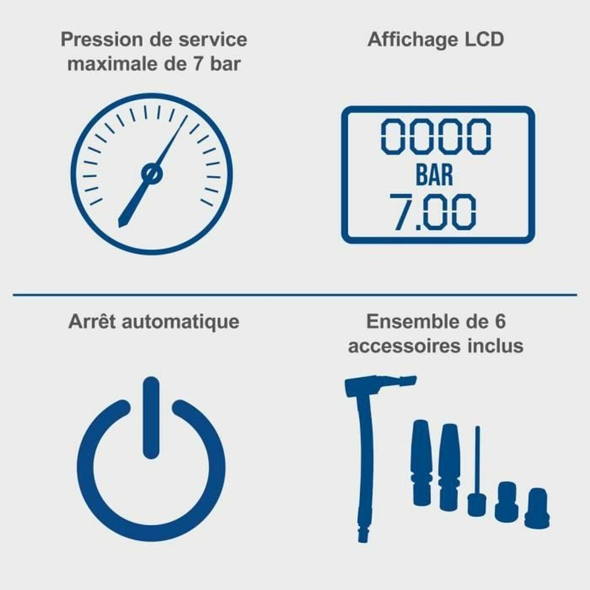 Diagramma che mostra manometro, display LCD, pulsante di accensione e accessori.