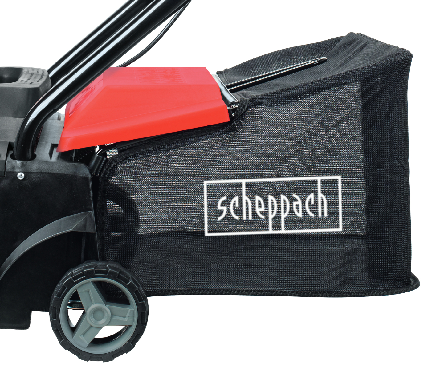 Zwarte en rode gazonbeluchter met grasvanger. Witte achtergrond, scheppach logo.
