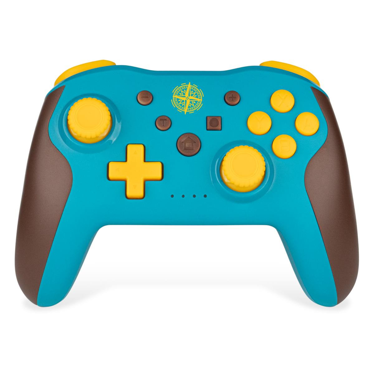 Blauwgroene en bruine gamecontroller met gele knoppen en kompasontwerp.