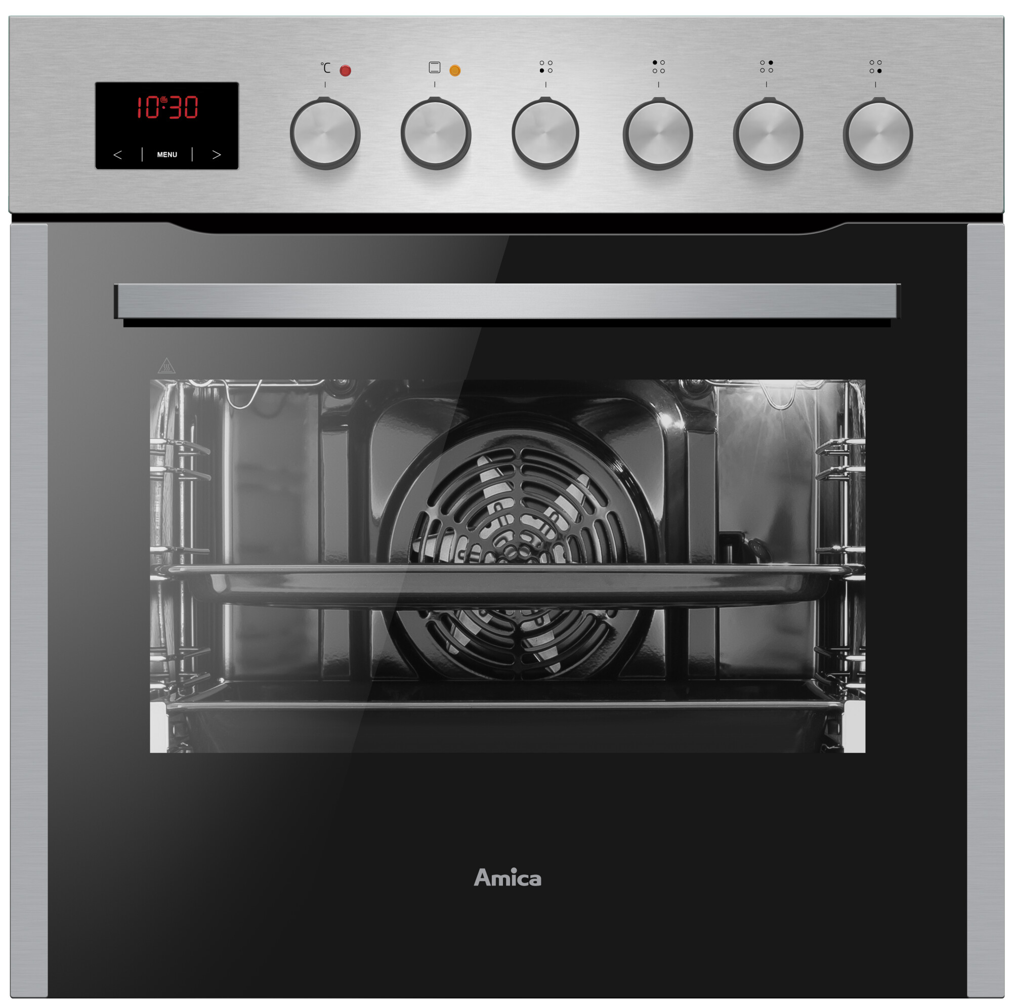 Backofen-Innenraum mit Lüfter und Blech durch Glastür sichtbar, mit digitaler Uhranzeige.