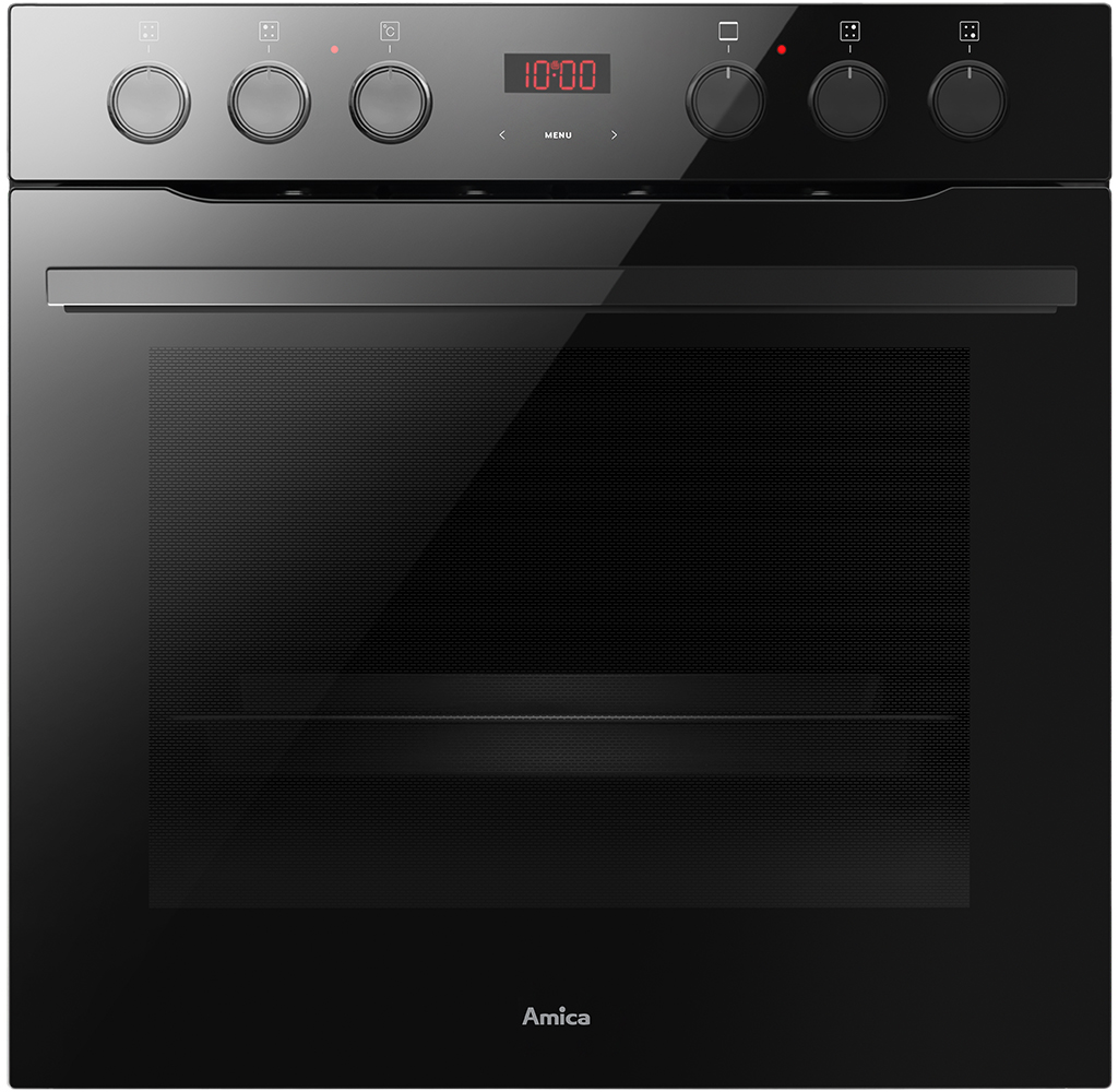 Ein schwarzer Einbaubackofen mit Knöpfen, Digitaluhr und Glastür.