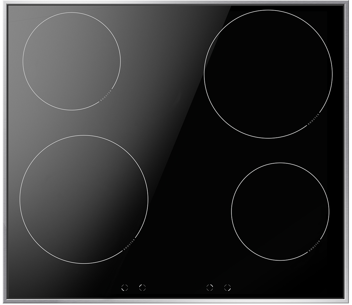 Ein schwarzes Glaskochfeld mit vier kreisförmigen Brennern, jeder mit weißem Umriss.